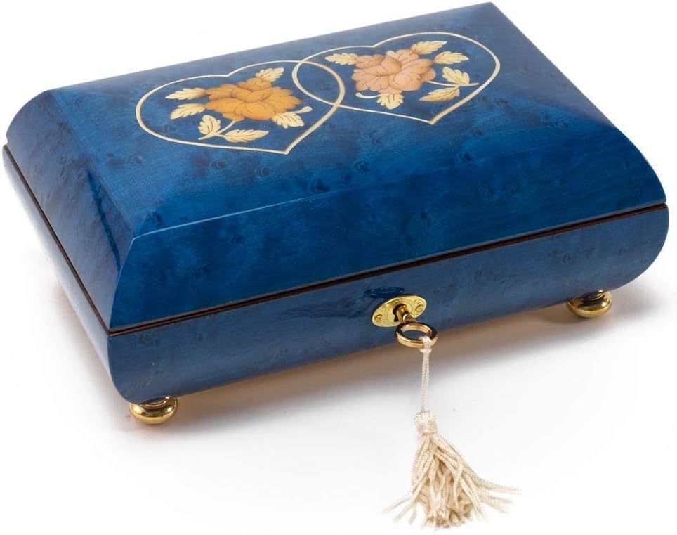 Handcrafted Dark Blue Double Heart with Floral Inlay 18 Note Music Box - Many Songs to Choose - Deck The Halls
