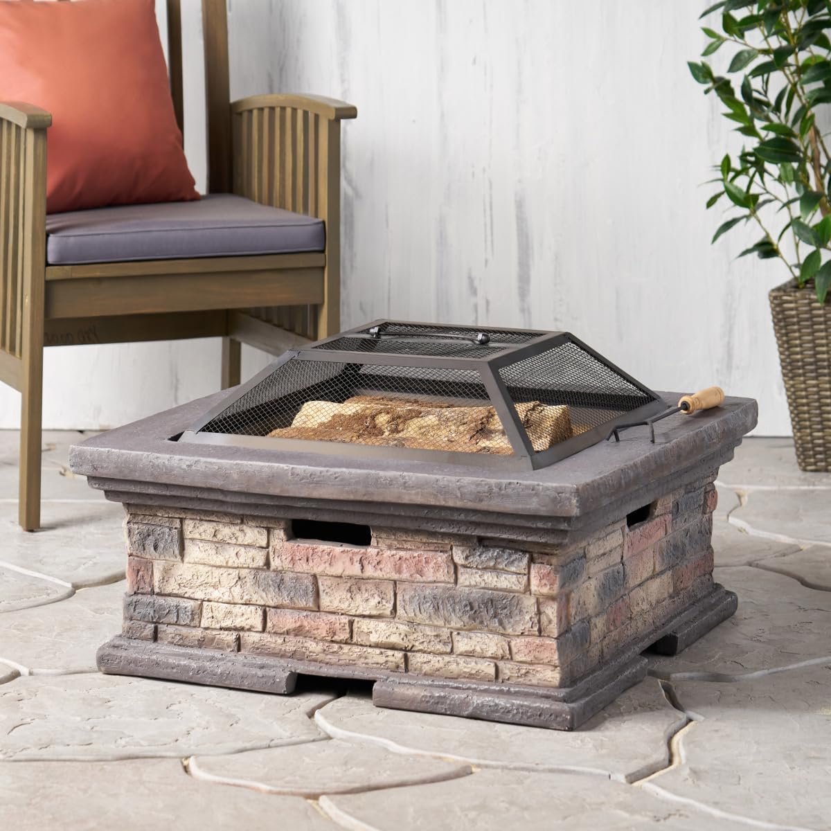29 Inch Square Stone Gray Wood-Burning Fire Pit, Outdoor MGO Magnesium Oxide Fire Pit Table, Lightweight Concrete Patio Heater for Garden Backyard, No Assembly Required