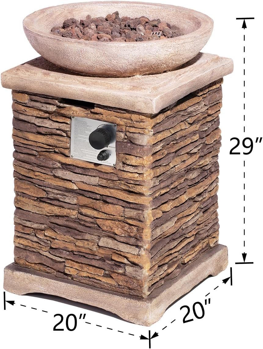 AQUILLA Propane Gas Fire Pit, Stone Imitation Surface, Outdoor 40000 BTU Heater w Free Lava Rocks and Rain Cover, Can Fits 20 Gal Propane Tank (exclud) Inside for Garden, Poolside, Backyard