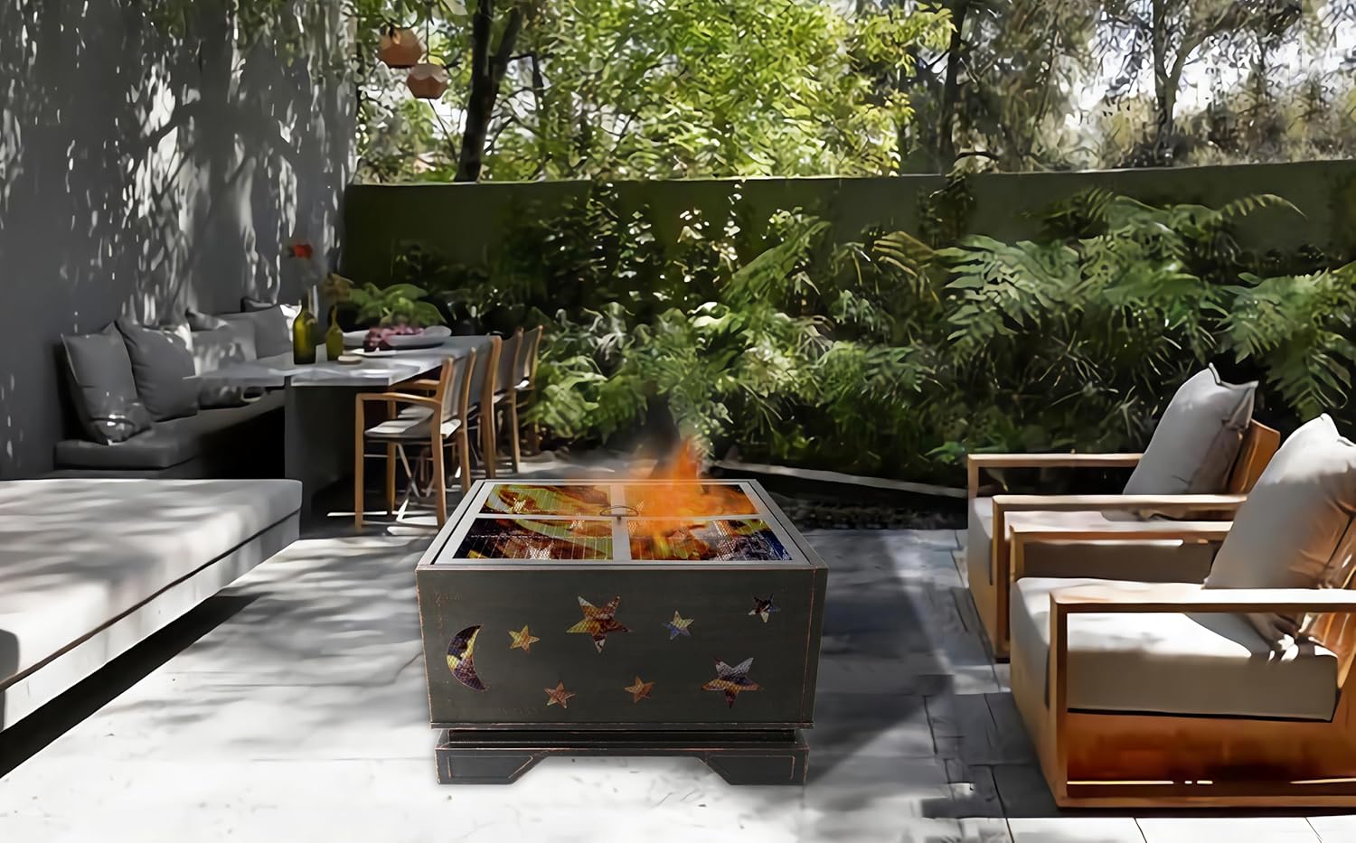 26 Inch Square Fire Pit with BBQ Grill, Outdoor Wood Burning Firepit with Poker, Large Burning Space Fireplace for Patio GCamping Backyard Picnic Bonfire