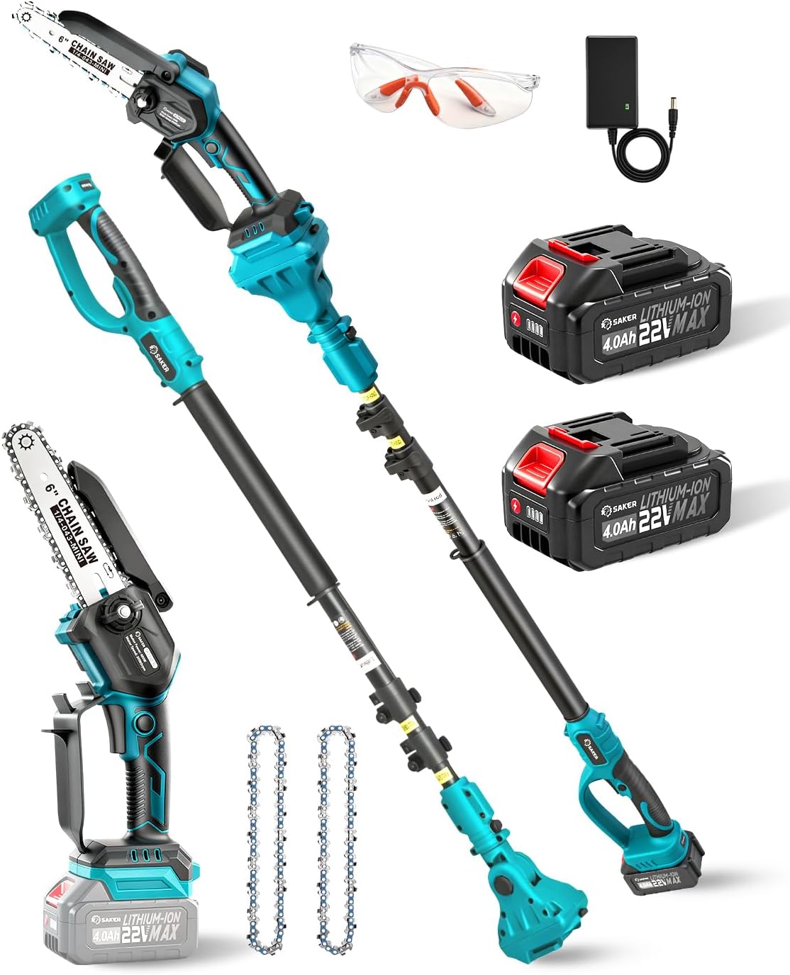 Saker 2-in-1 Electric Pole Saw,6 Inch Brushless Mini Chainsaw,Cordless Pole Saw Battery Powered with 2x22V 4.0Ah Batteries,Extension Pole Saws for Tree Trimming