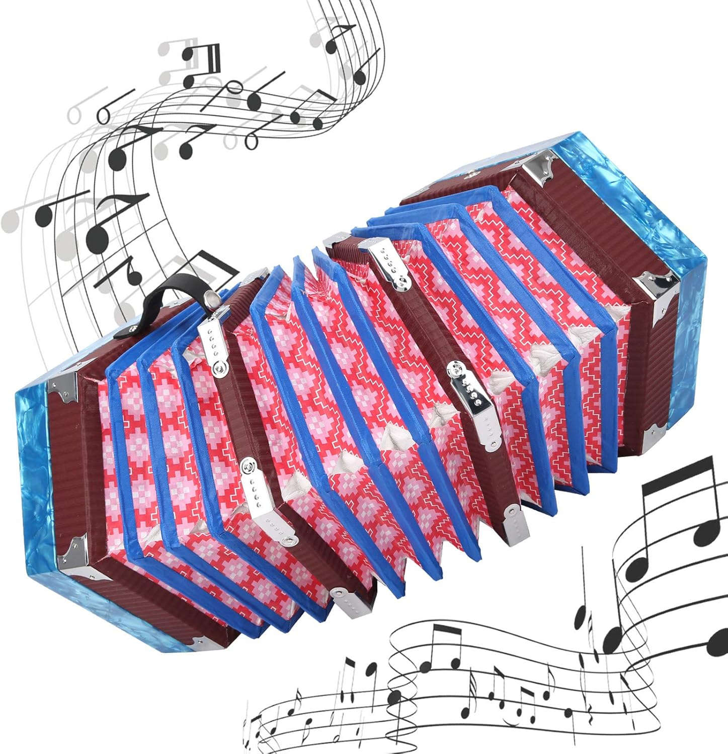 Concertina Accordion Portable, Solid Wood and Leather, 18x17x17cm, 3 Colors - Adjustable Strap, Lightweight with Carry Bag, Ideal for Beginners and Adults (Sky Blue)