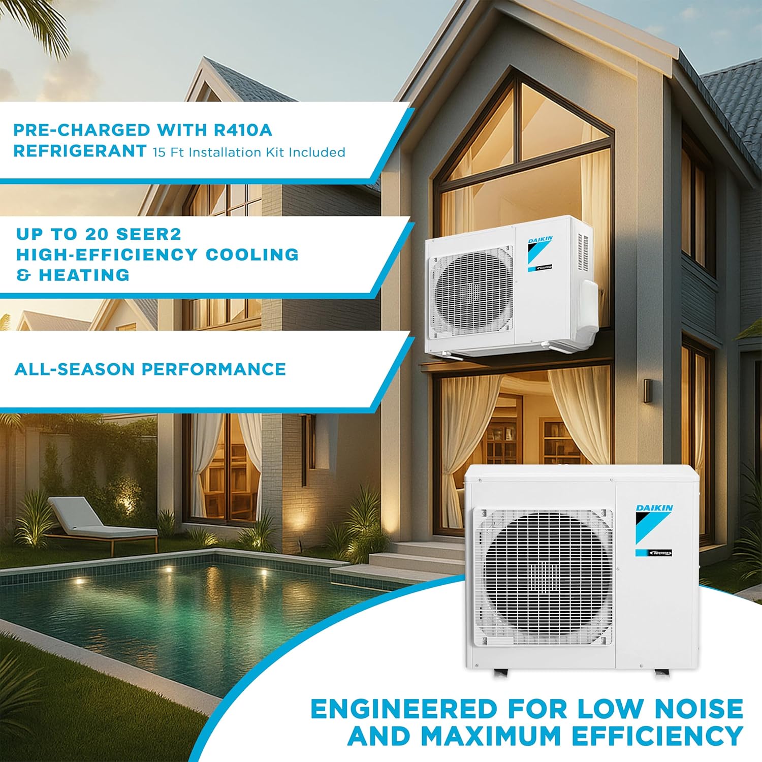 Daikin 15,000 Btu 20 SEER2 LV Series Ductless Mini-Split Wall Mount Heat Pump Air Conditioner with 15' Installation Kit, Wall Bracket, 1/2 Electric Whip, 30A Fuse -230V