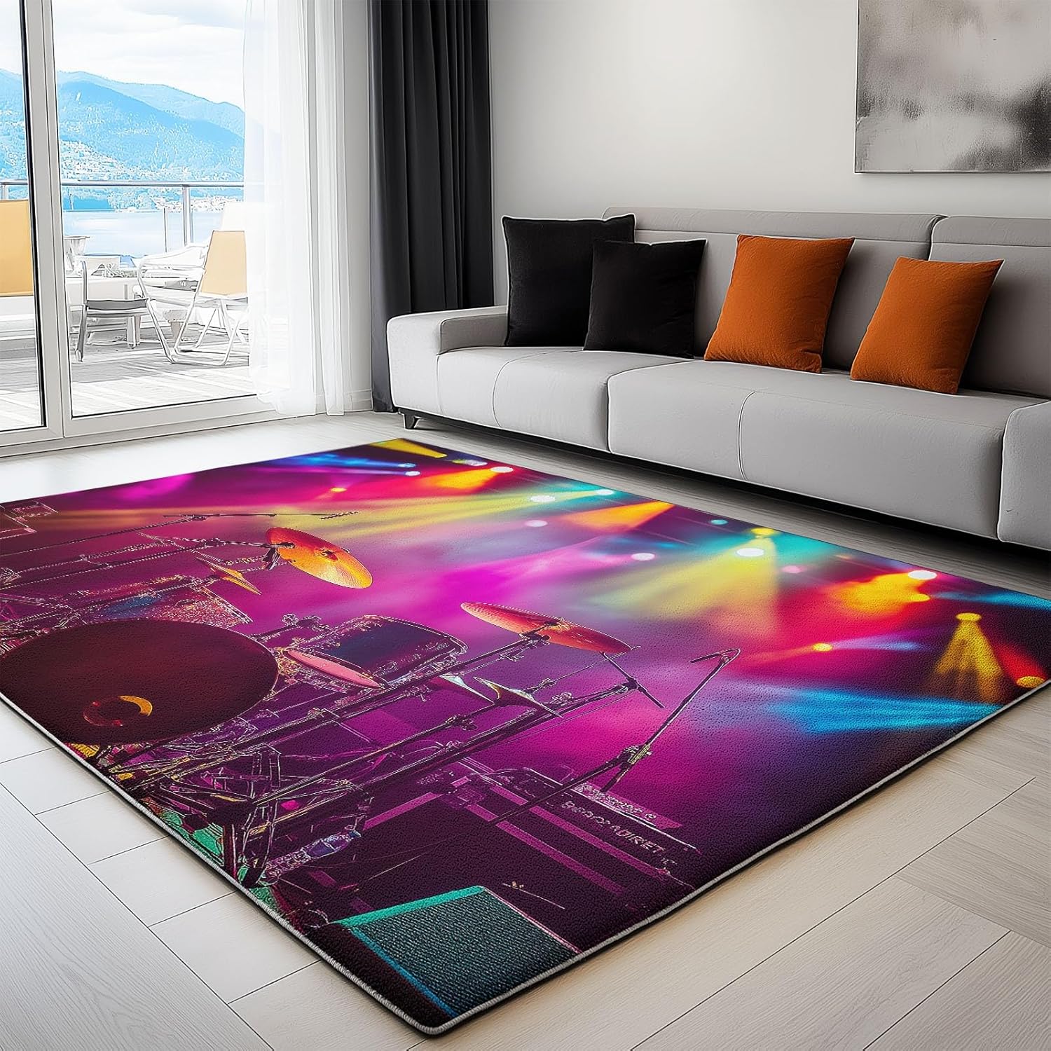 Machine Washable Area Rug 4x6 ft for Dining Room, Bedroom, and Living Room, neon Light Drum Set Stain and Water-Resistant Non-Slip Rug, Pet and Kid Friendly