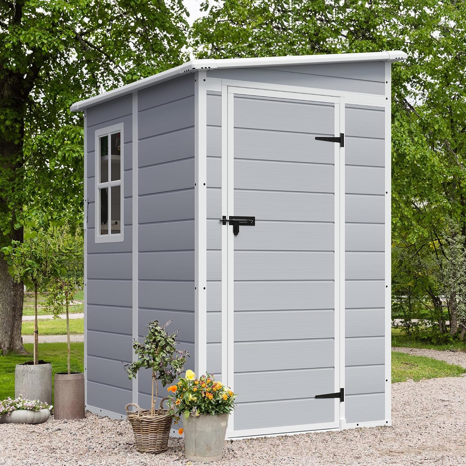 JUMMICO Outdoor Storage Shed, 5 x 4 FT Resin Shed with Floor and Lockable Door, Plastic Garden Tool Outside Sheds for Patio Backyard Lawn