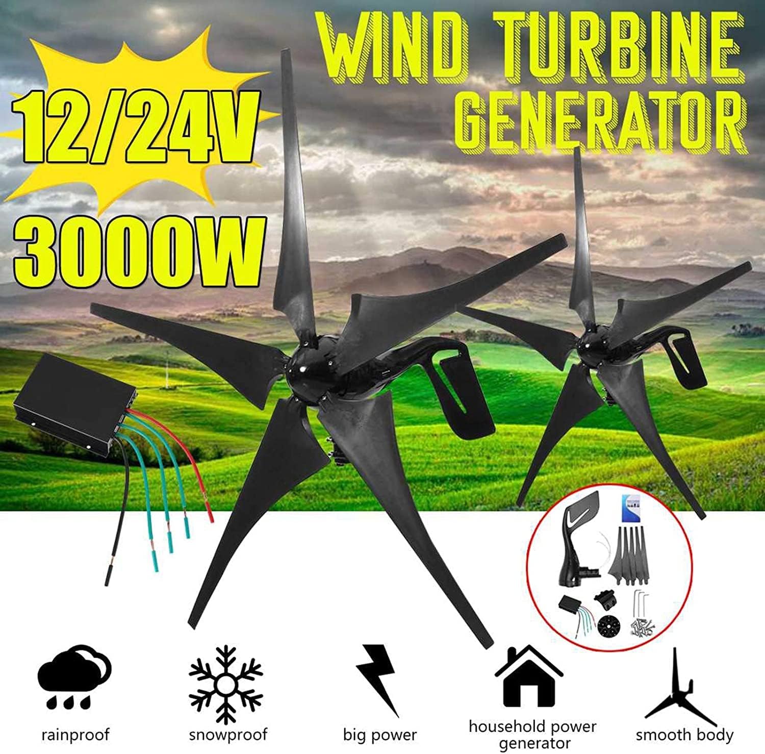 LiuSj JUnSt 3000W Horizontal Wind Generator, 5 Blades Wind Turbines with Charge Controller Suitable for Home Gardens, Boats, Outdoors,12v