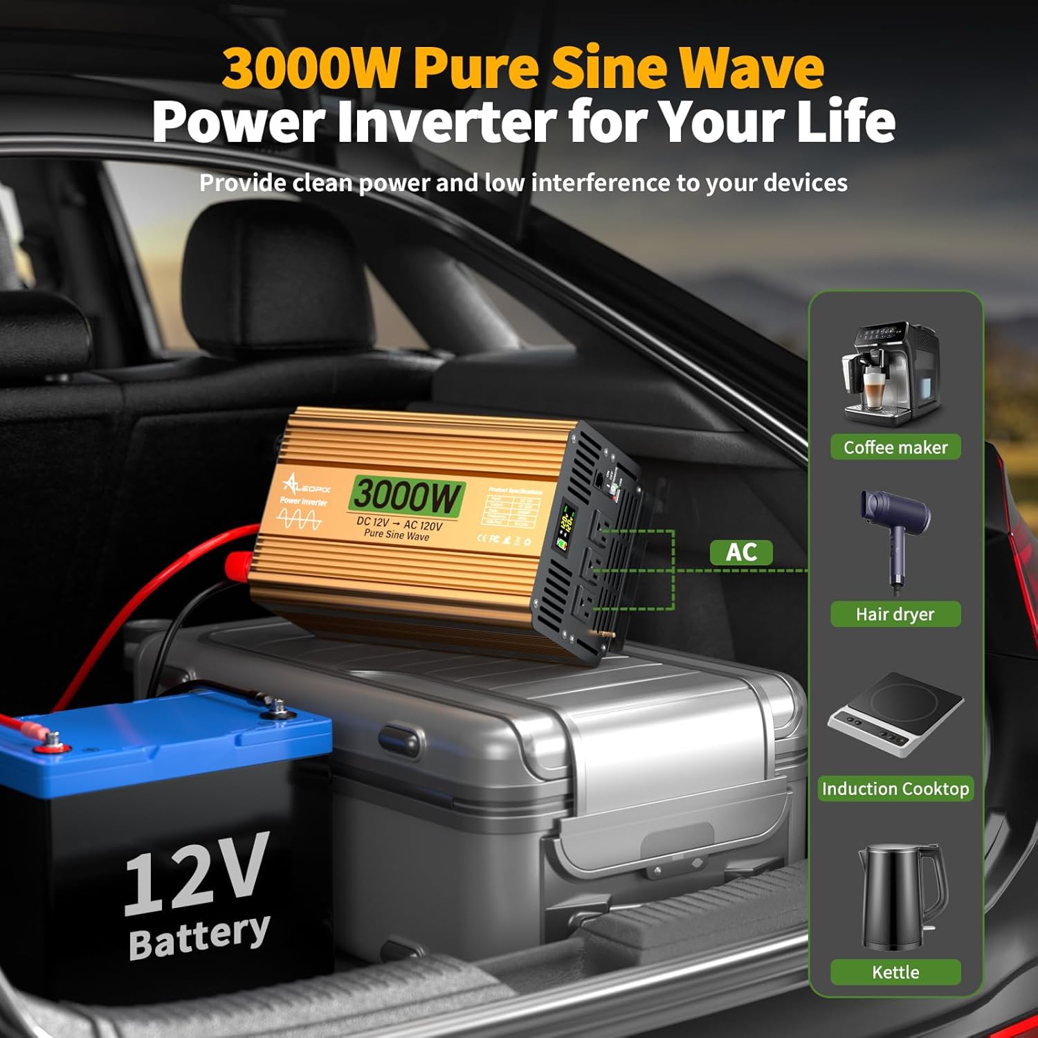3000 Watt Inverter 12V DC to 110V/120V AC, Pure Sine Wave Inverter for Truck/RV/Home/Solar/Off-Grid, Surge 6000W Pure Sine Power with 3 AC Sockets, 5V 3.4A USB, Digital Display, Remote Controller