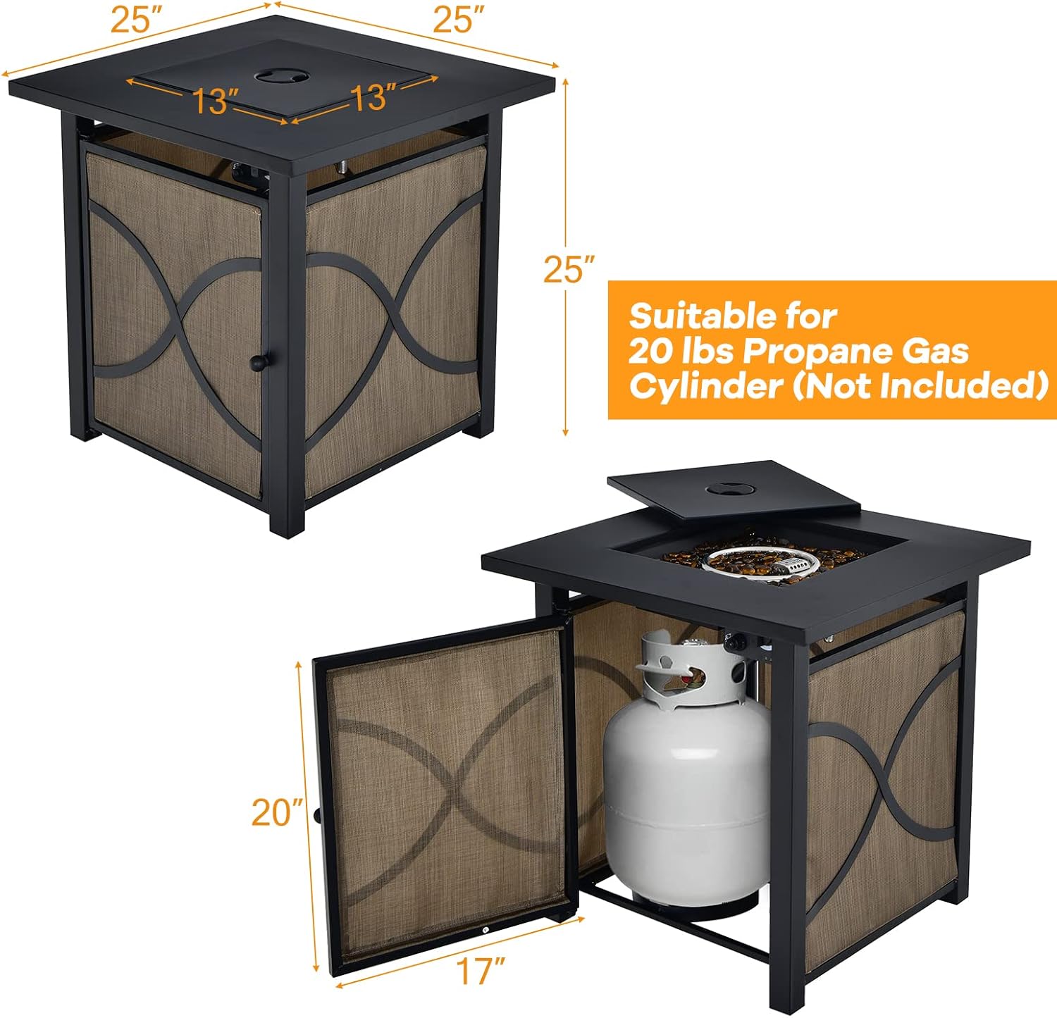 DORTALA 25'' Gas Fire Pit Table, 40,000 BTU Propane Fire Pit Table w/CSA Certification,Square Fire Table with Lid, Fire Glass and Adjustable Flame, Firepit for Patio Deck Backyard, Black & Natural