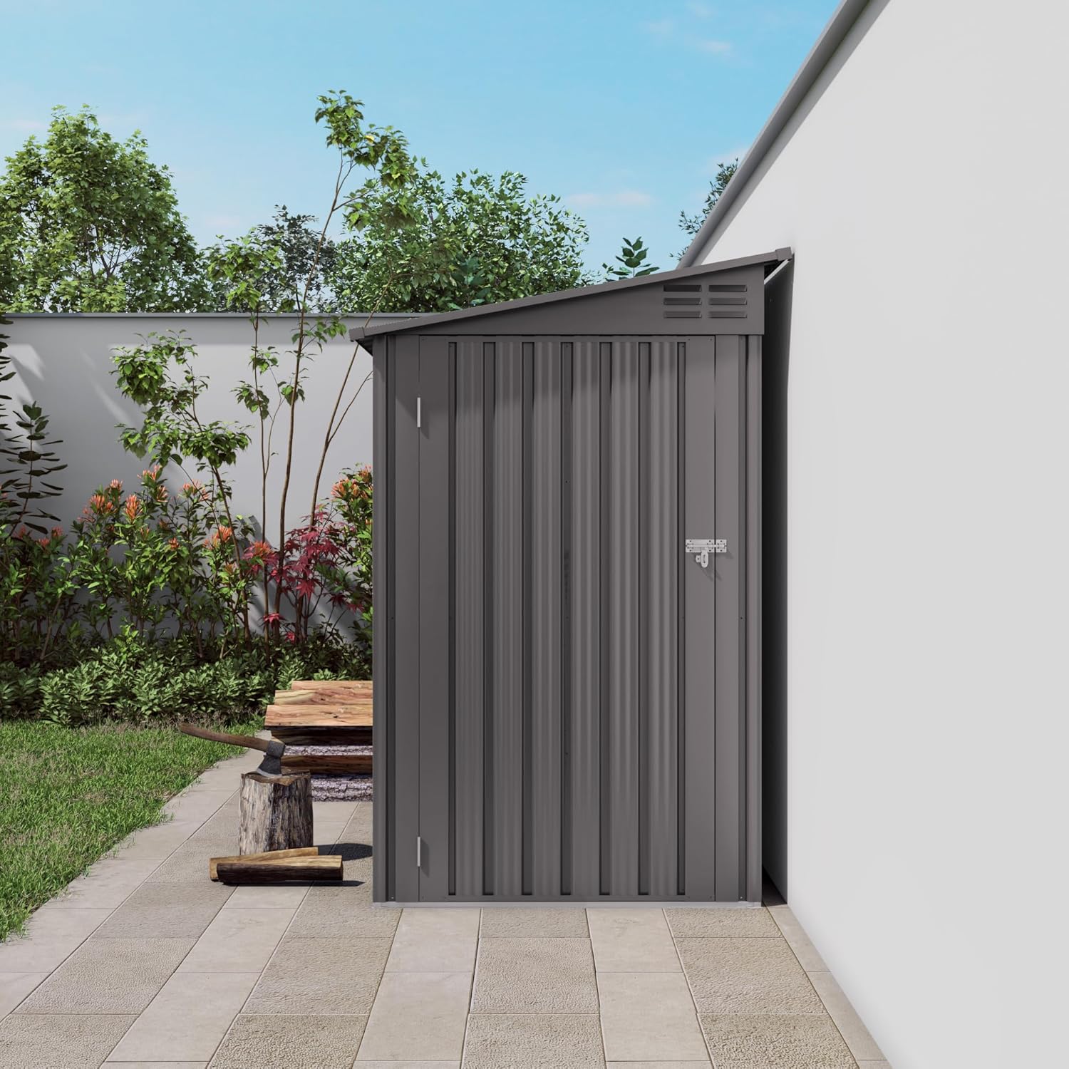 4 9 Ft Outdoor Storage Shed, Gray Metal Tool House with Sloping Roof, 2 Vents Side Open Door, Backyard, Patio, Garage, Lawn (1 Doors)