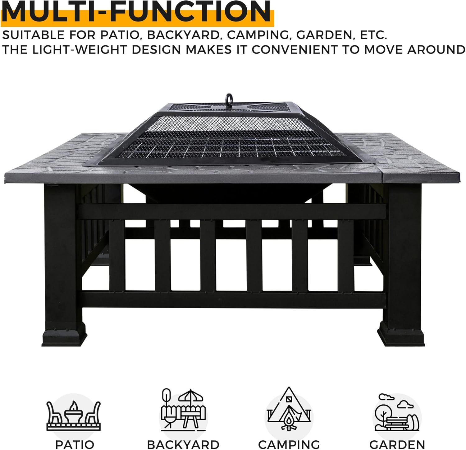 Fire Pit for Outside 3 in 1, Metal Square Outdoor Fireplace, Garden Stove with Spark Screen and Cover, Log Grate and Poker for Warmth | BBQ | Bonfire | Picnic | Camping, 32 inch