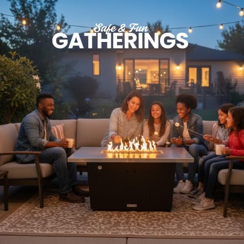 COOKE Palisades Rectangular Fire Pit Table - 44x36 - Chat Height - Propane - Brushed Aluminum Top with 3cm Edge - Grey Texture Powdercoat Base