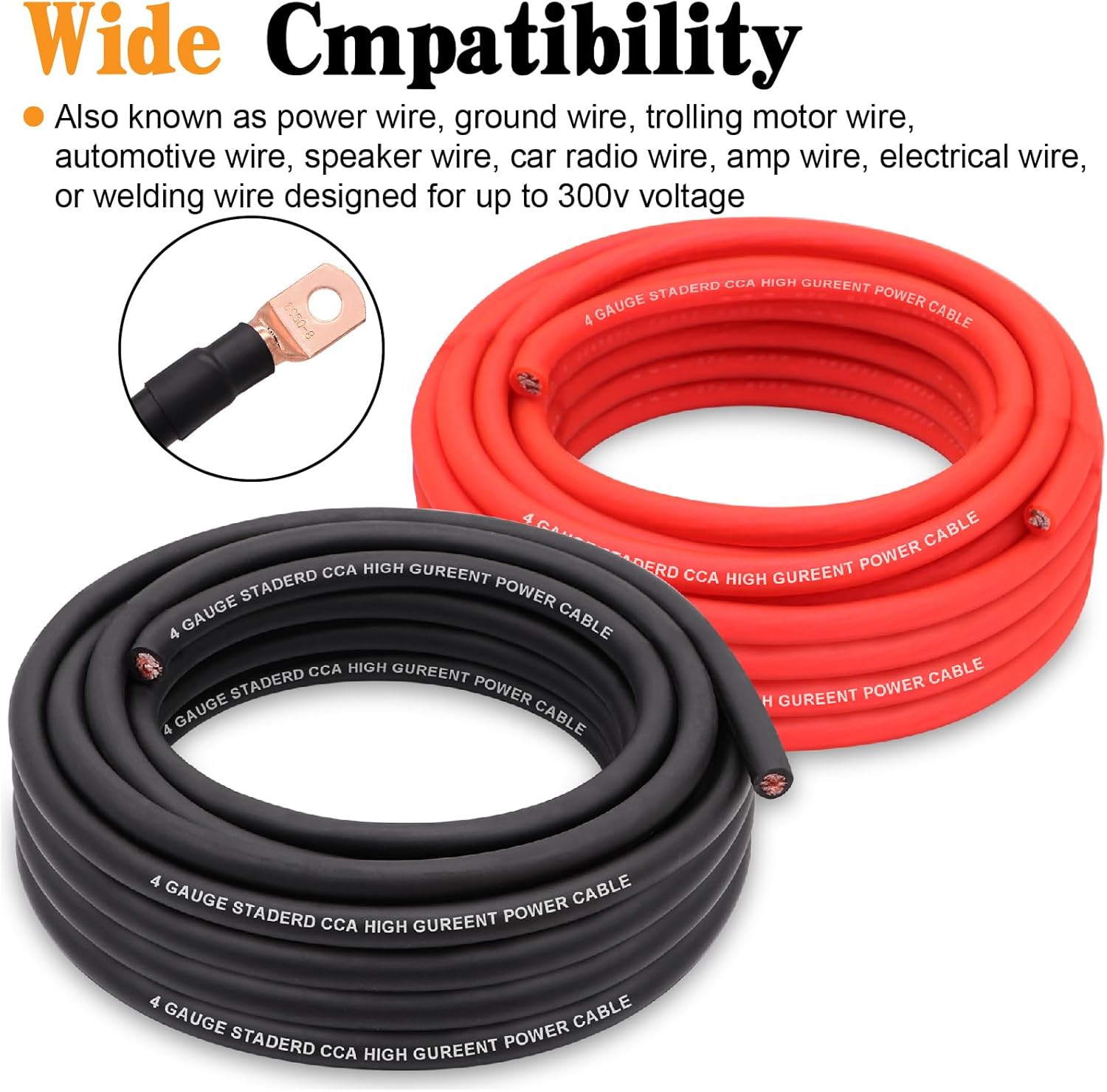 4 Gauge Wire Copper Clad Aluminum CCA 100FT Black/Red with 4ga lugs and Heat Shrink Tube - Battery Power/Ground Cable,Car Audio Speaker,RV Trailer Amp Wiring kit