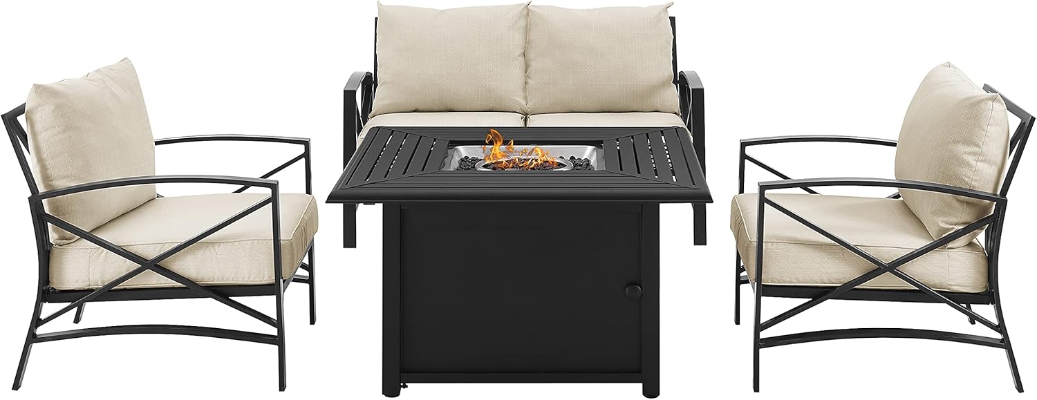 Crosley Furniture Kaplan 4-Piece Outdoor Loveseat Patio Furniture Set with Propane Gas Fire Pit Table, Oiled Bronze with Oatmeal Cushions