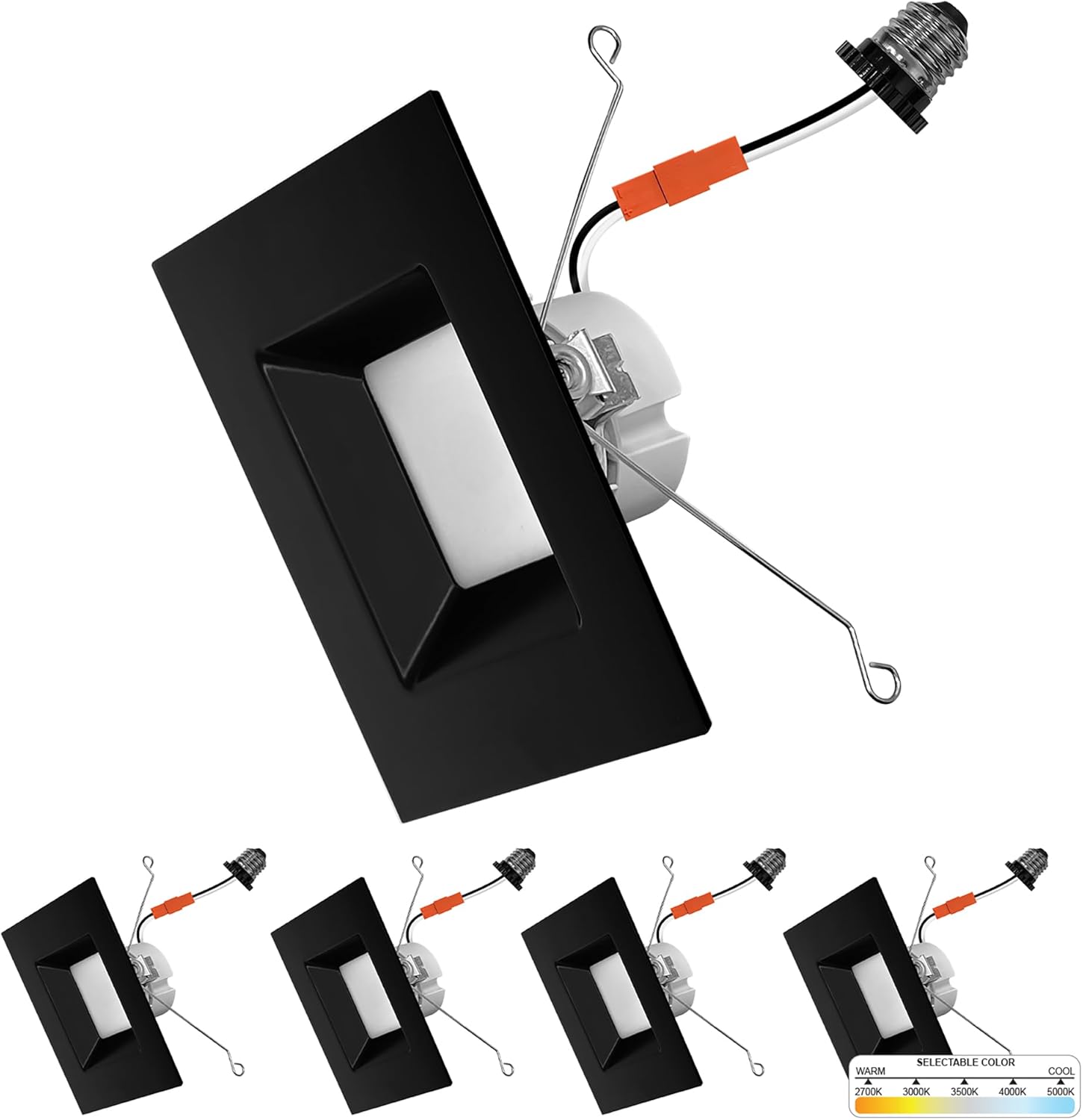 NUWATT 4 Pack, Black 6 Inch Square LED Can Lights, CCT 2700K/3000K/3500K/4000K/5000K Selectable, 1100 Lumen, 14W, Dimmable, 6 Inch Retrofit Recessed Lighting, 6