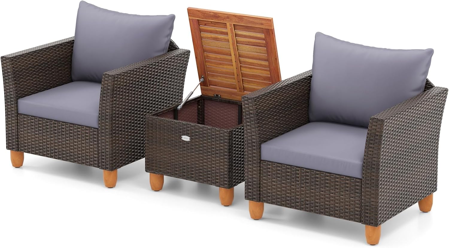 Tangkula 3-Piece Patio Furniture Set, Patiojoy Outdoor PE Wicker Bistro Set with Soft Cushions and Solid Acacia Wood, Outdoor Conversation Set with Porch, Balcony and Garden (Gray)