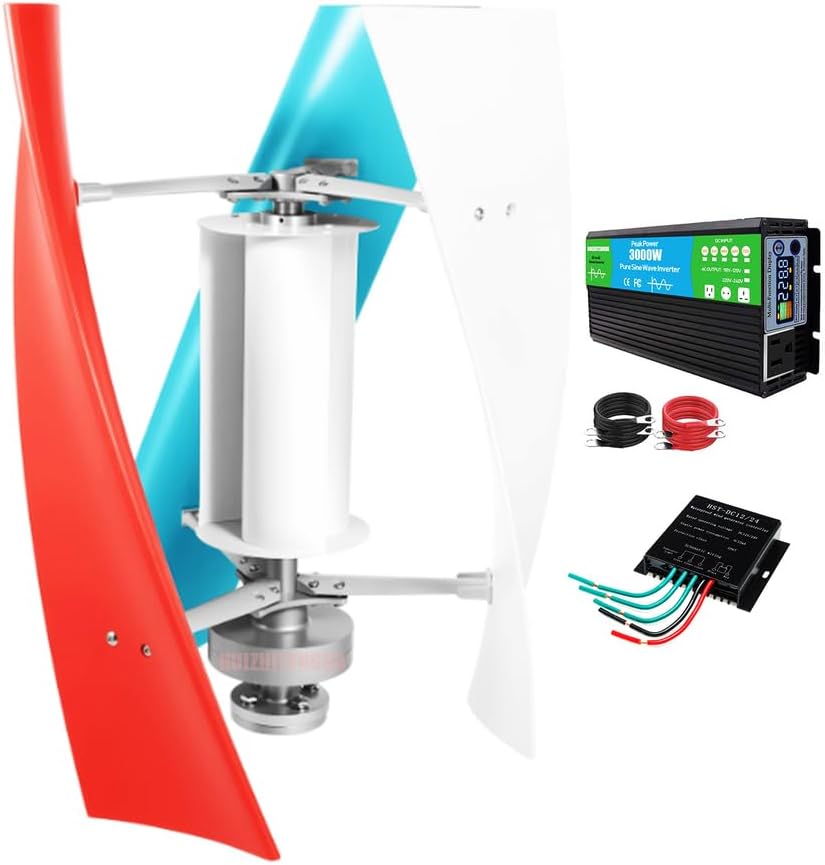 3000W Vertical Axis Wind Turbine Generator Low Noise Low Start Wind Speed 12V 24V 48V 220V 3 Leaves Permanent Magnet Generator with MPPT Controller and Power Inverter