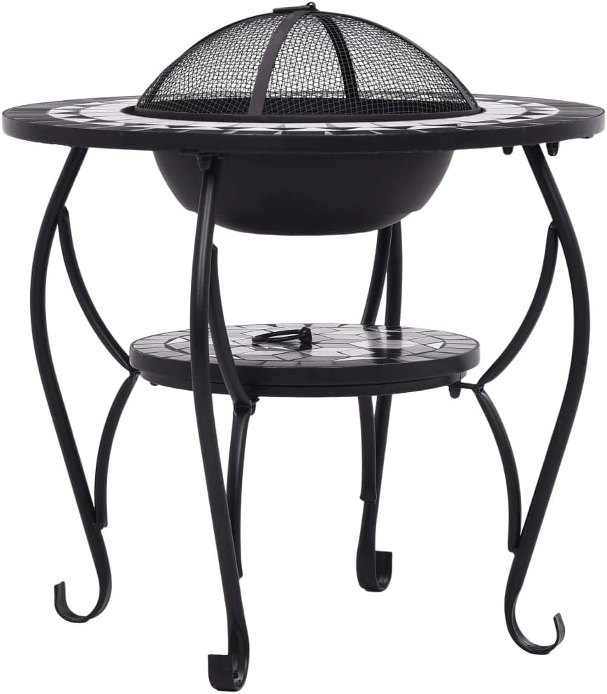 Mosaic Fire Pit Table Black and White Steel Fire Pit Bowl with Safety Mesh and Poker Tool for Garden Patio Heating 26.8