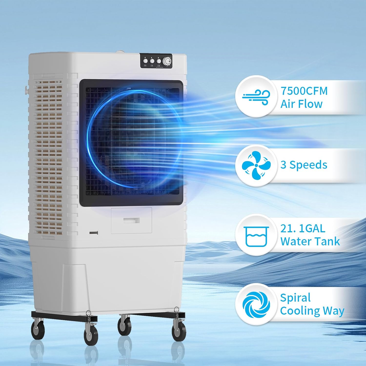 9000CFM Commerial Air Conditioner, Portable Evaporative Air Cooler with 21.1-Gal Water Tank with Water Level Alarm, Remote, 3 Speeds, Ideal for Factory, Garage