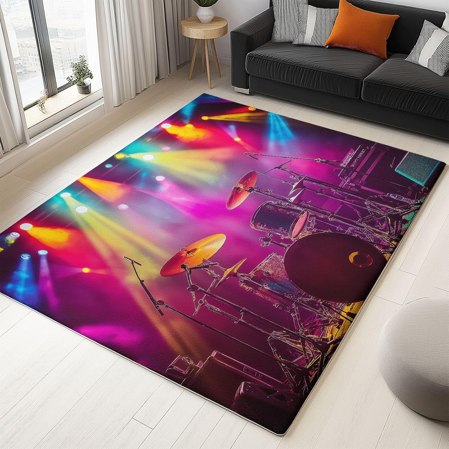 Machine Washable Area Rug 4x6 ft for Dining Room, Bedroom, and Living Room, neon Light Drum Set Stain and Water-Resistant Non-Slip Rug, Pet and Kid Friendly