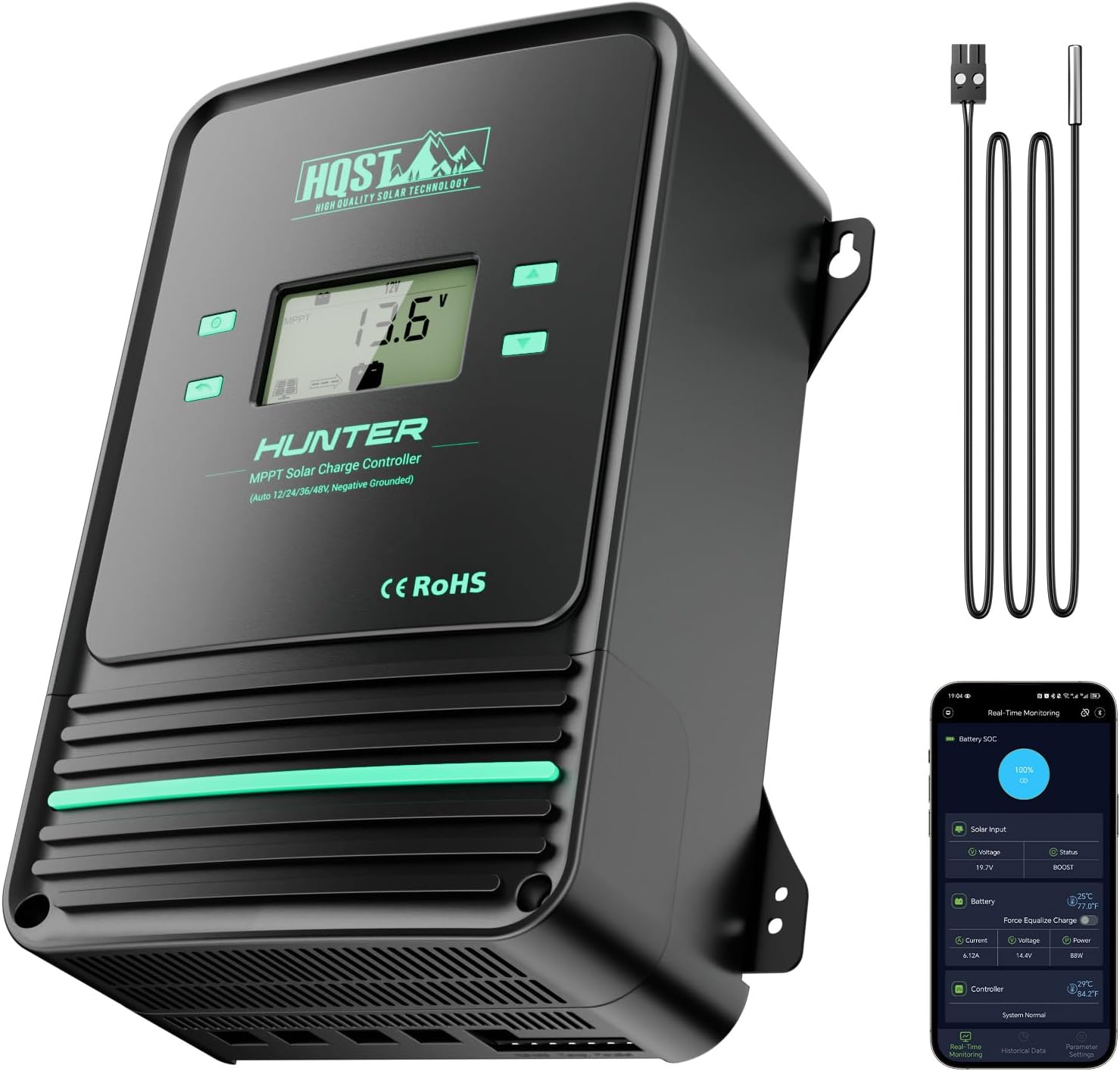 HQST 100A MPPT Solar Charge Controller, 12V/24V/36V/48V Negative Grounding Controller, w/ Smart Bluetooth APP Control, Low-Temp Cut-Off, LCD Display, for Lithium, Sealed, AGM, Gel, Flooded Batteries