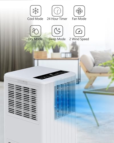 8000 BTU Portable Air Conditioner - 3 in-1 Cooling, Dehumidifier & Fan with Quiet Operation, Sleep Mode, 24H Timer & Energy Savings, for Rooms Up to 350 Sq.Ft, Includes Remote Control, Reusable Filt
