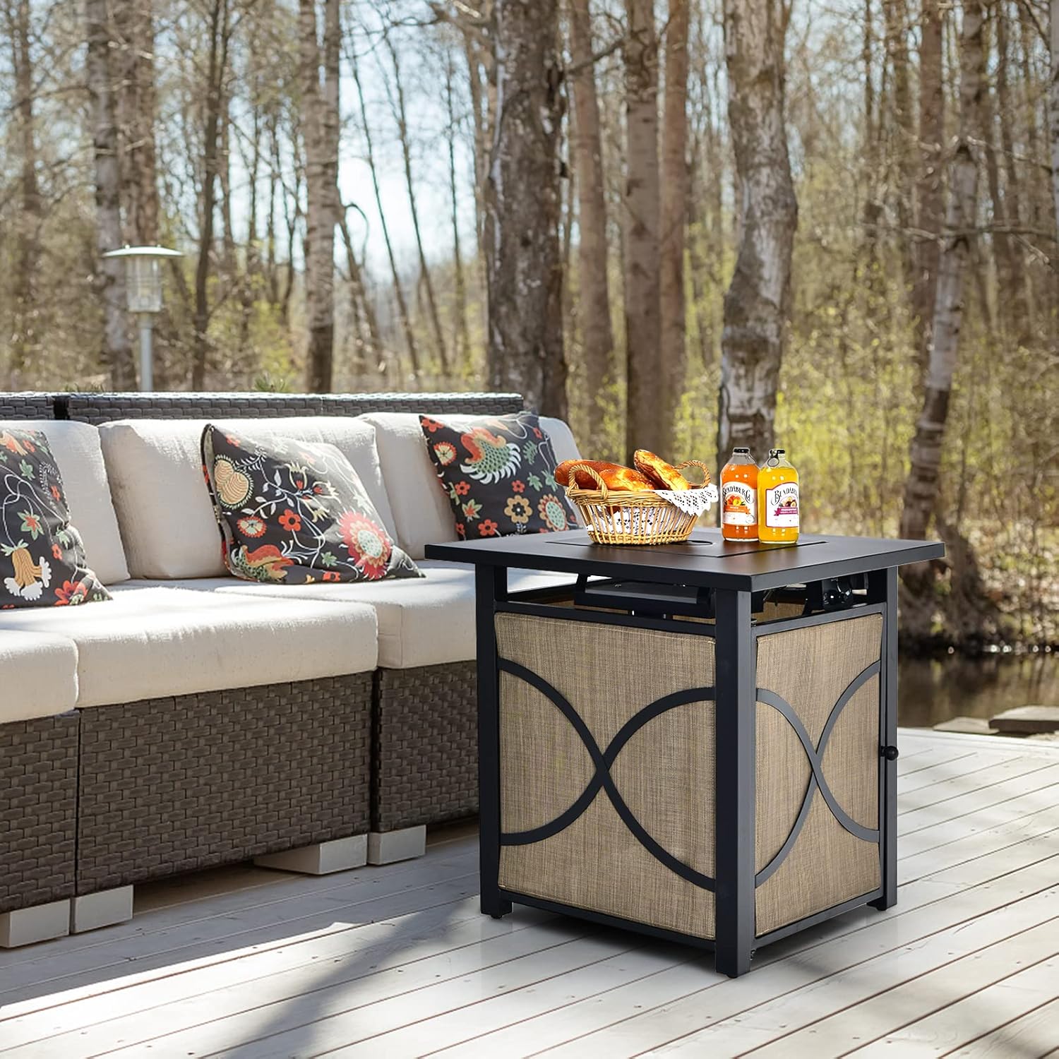 ReunioG Square Propane Fire Pit Table, 40000 BTU Auto-Ignition Square Gas Fire Pits w/Lid, Fire Glass, Adjustable Flame, Outdoor Steel Fire Table for Patio Garden Backyard Balcony Outside (25 Inch)