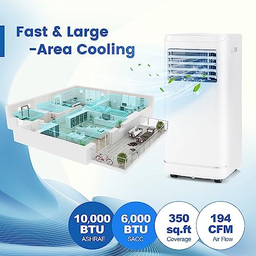 KOTEK Portable Air Conditioner for Room up to 350 Sq. Ft, 10000 BTU 3-in-1 AC Unit for Bedroom with Dehumidifier/Fan/Cool/Sleep Mode, Child Lock/Remote, Portable AC for Home Office (White-10000BTU)