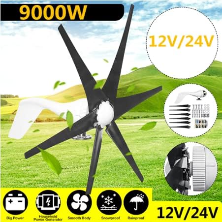 9000W 12V/24V 6 Blade Wind Turbines Wind Generator Horizontal Home Windmill,Black,12v