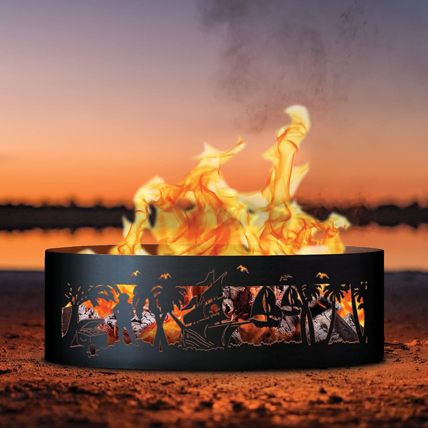PD Metals PL01437-FP Pirates Life Unpainted 12 in. Tall 37 in. Diameter Outdoor Fire Ring with Fire Poker - 37 x 37 x 12 in. - Rustic Black Color