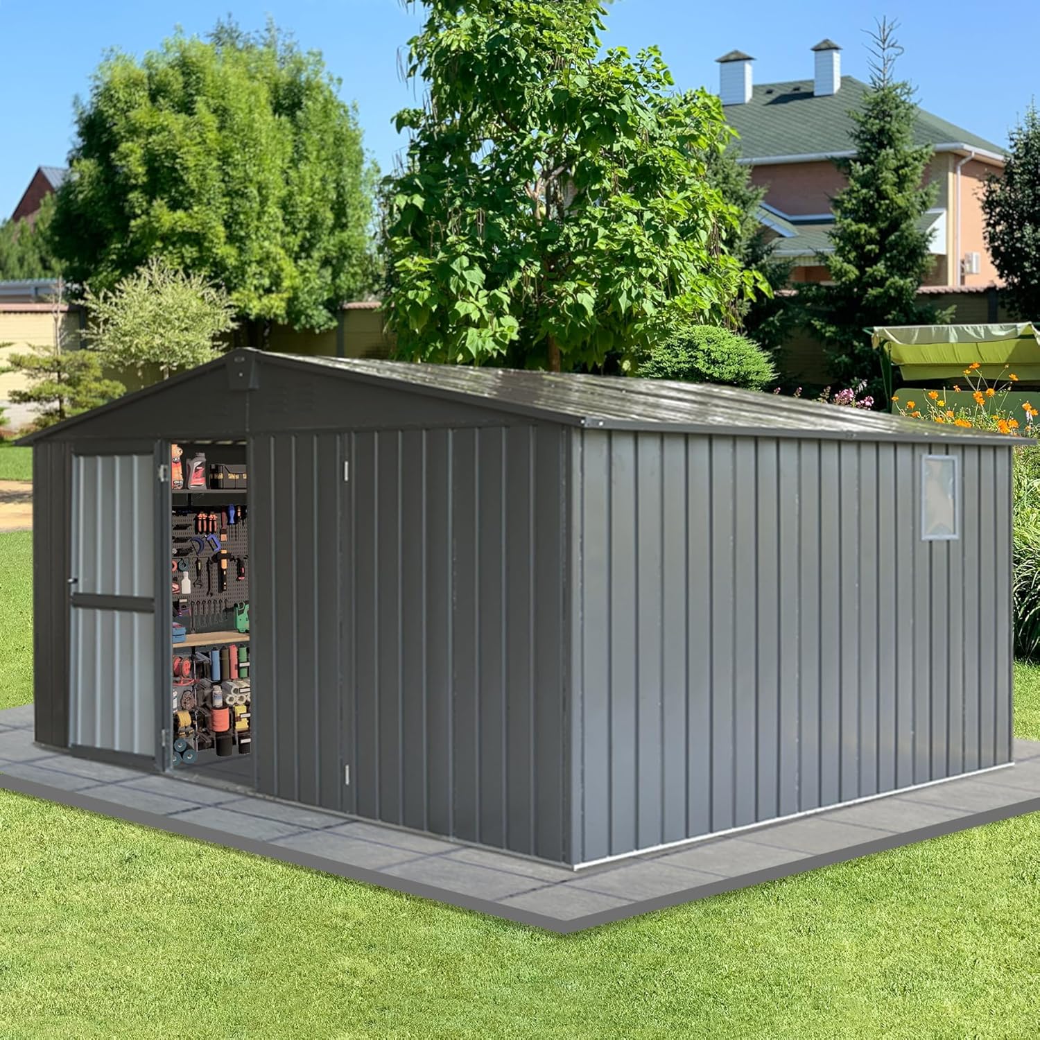 Domi 11x9FT Outdoor Storage Shed, Large Size Metal Outdoor Storage Cabinet with Lockable Doors, Windows, Galvanized Steel Storage House for Backyard, Patio, Garden, Lawn, Grey