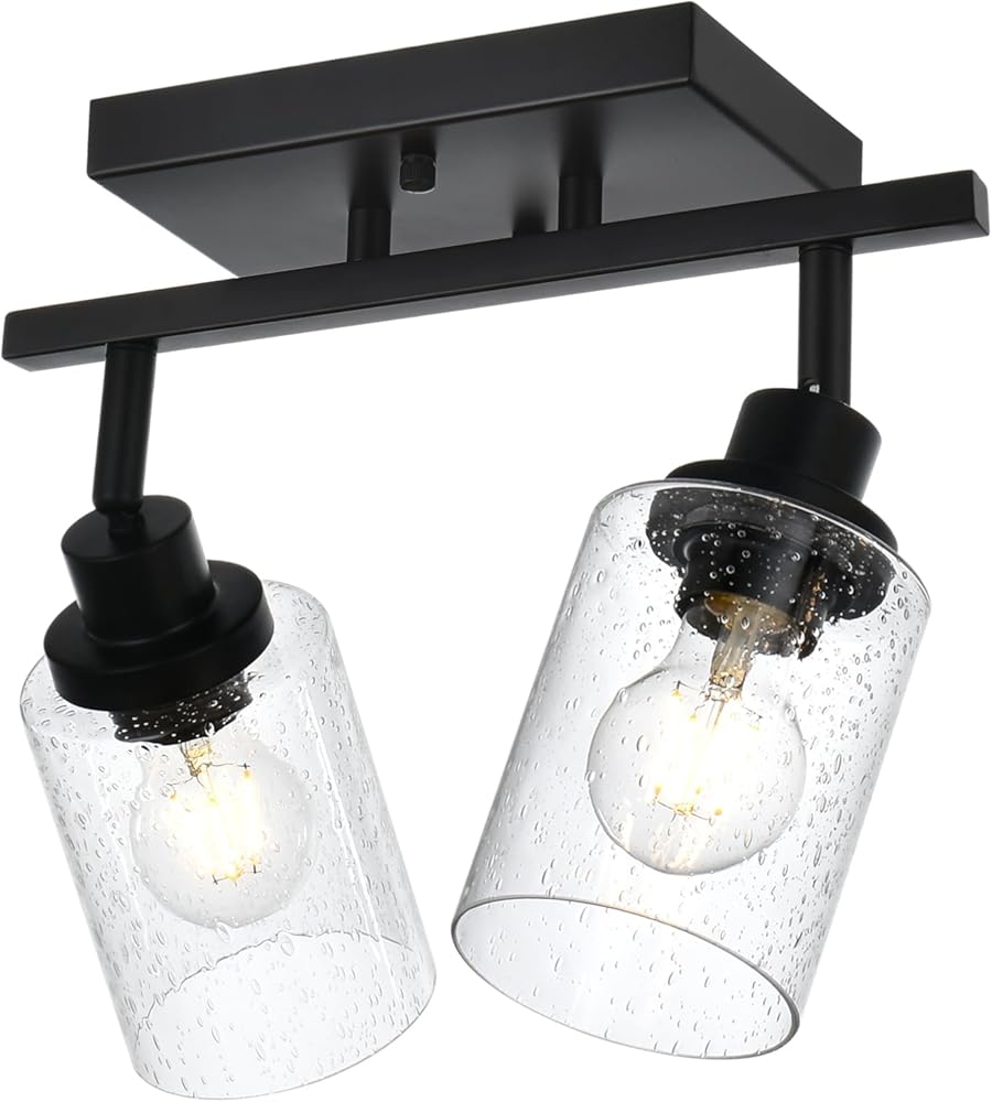2-Light Wall Sconce Spotlight Fixtures, Matte Black Track Lighting Kit Flush Mount Ceiling Light for Kitchen Over Mirror Foyer, Seeded Glass Shade