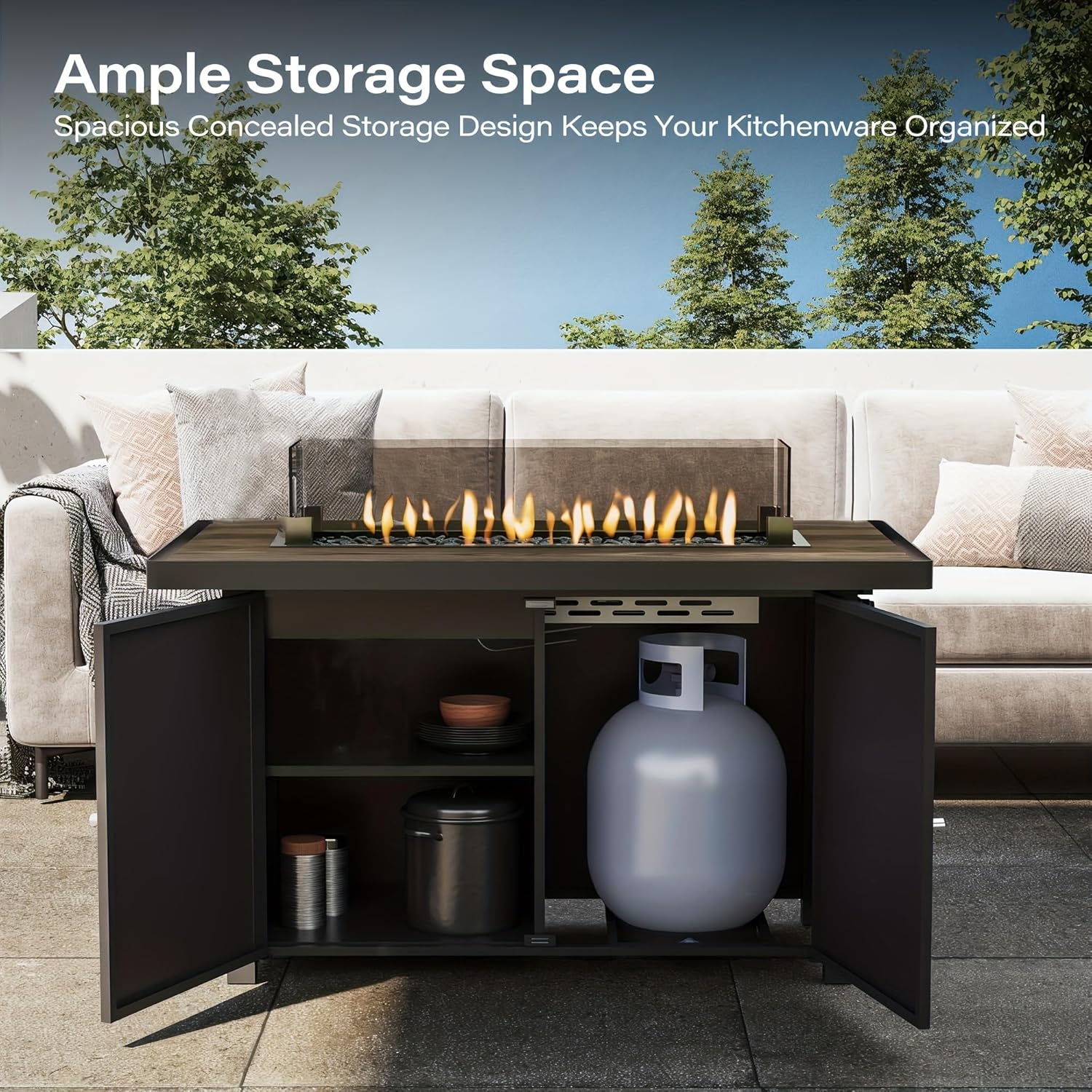 Propane Fire Pit Table with Lid, 55, 000 BTU Gas Fire Pits for Outside Patio with Glass Wind Guard, Gray Glass Beads (Black, 43-inch)