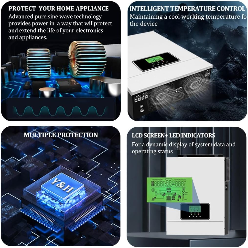 Y&H 3000W Solar Hybrid Inverter DC24V to AC230V, Off-Grid Pure Sine Wave Inverter with 80A MPPT Solar Charger + AC Charger,Max PV 3000W DC30-400V Input,fit for 24V Lead-Acid/Lithium Battery