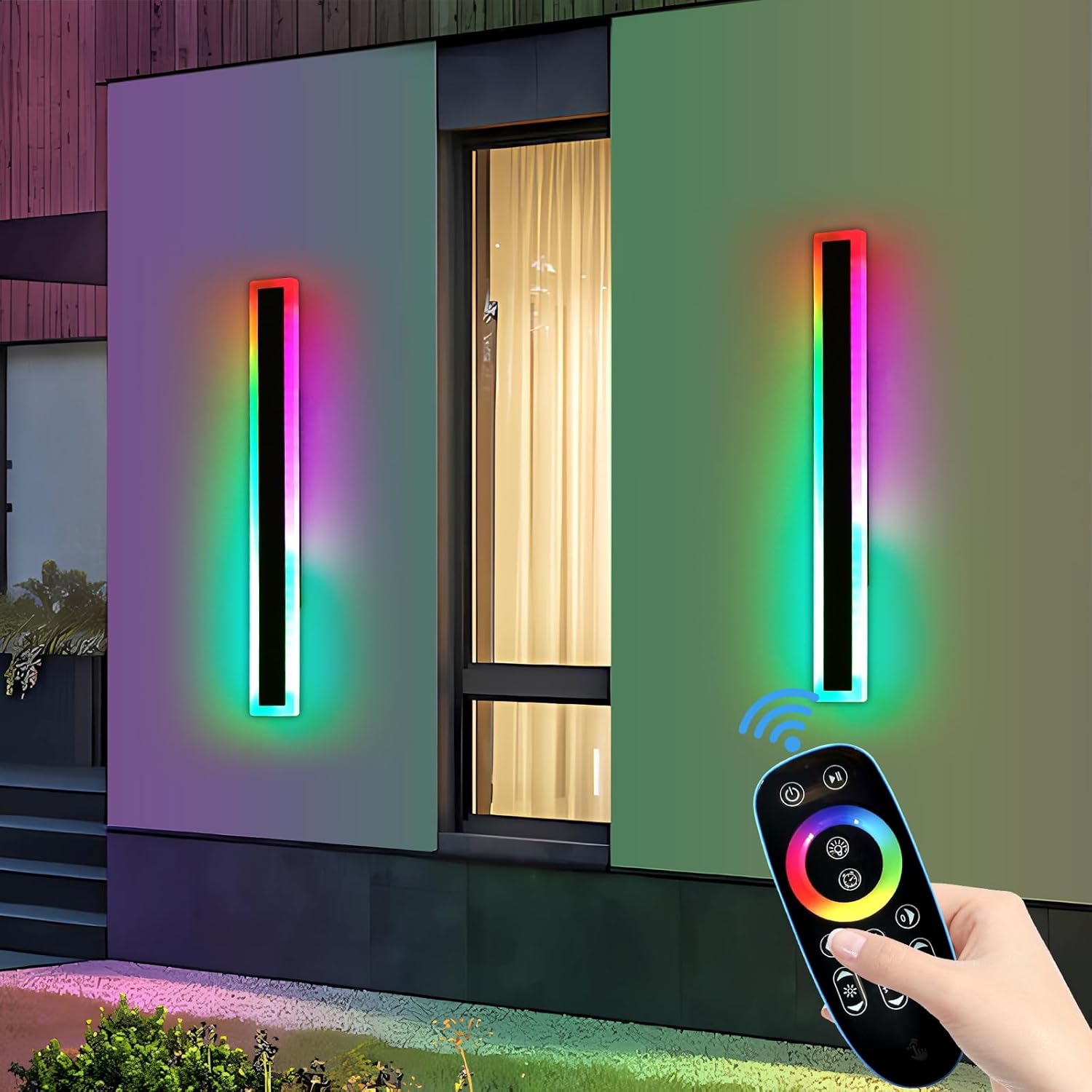 2 Pack Outdoor RGB Wall Sconce, 23.6inch Modern LED Light Fixture, IP65 Waterproof, 10 Colors, 5 Modes, Dimmable with Remote Control, Long Linear Wall Mount Lighting for Garden, Patio, Fence
