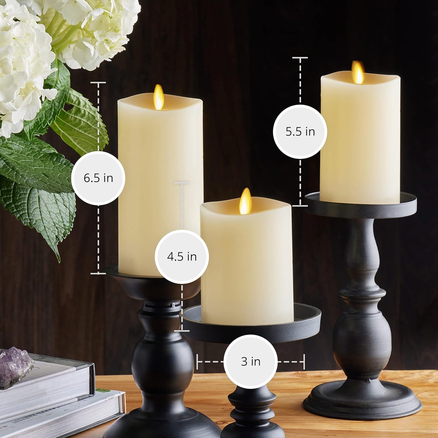 Luminara Realistic Flameless LED Set of 3 Ivory Pillar Candles, Home Safe Moving Flame Melted Top Illumination, Battery Operated Remote Control w/Timer