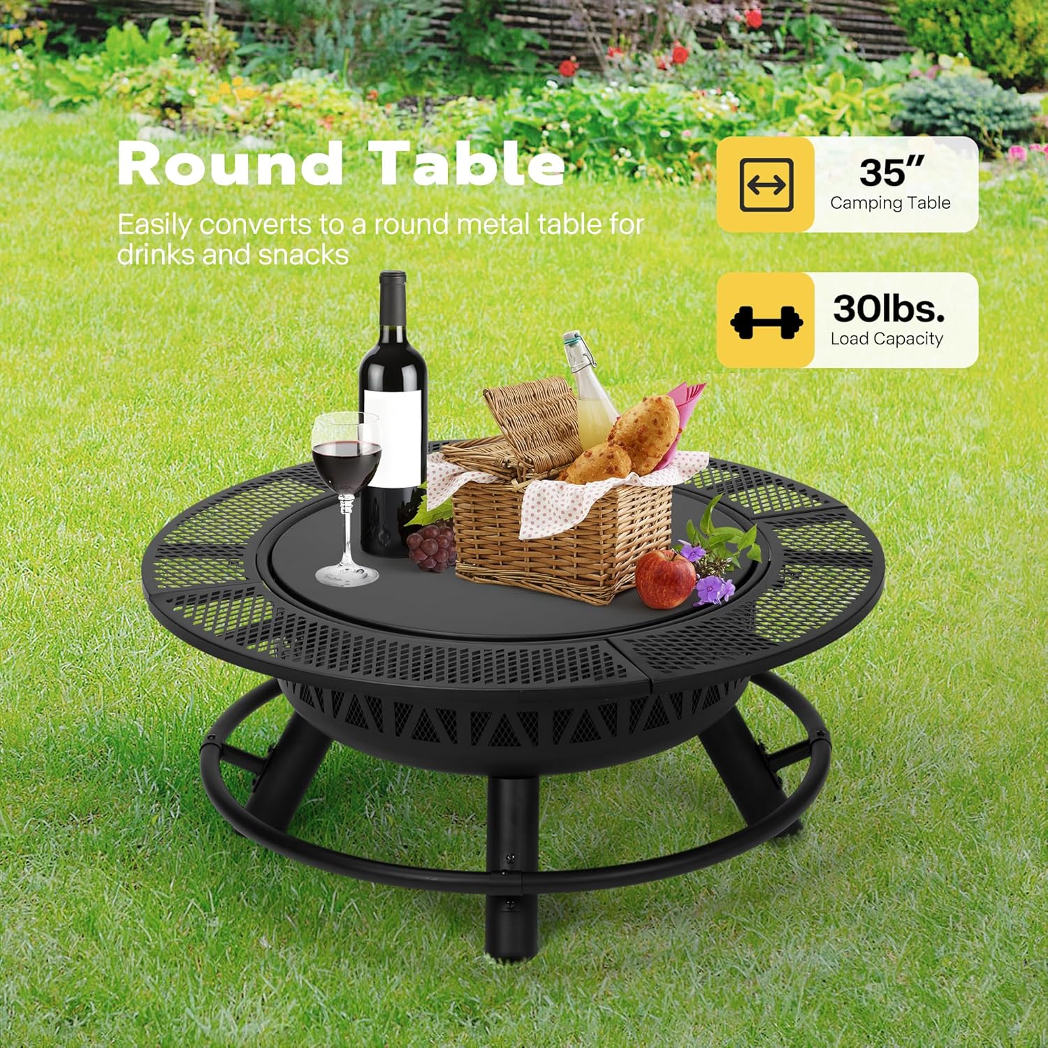 VIVOHOME 35 Inch Fire Pit with Cooking Grill Grate & Charcoal Pan, 3-in-1 Wood Burning Firepits with Cover Lid, Metal Table for Backyard Bonfire BBQ Outdoor Camping Picnic