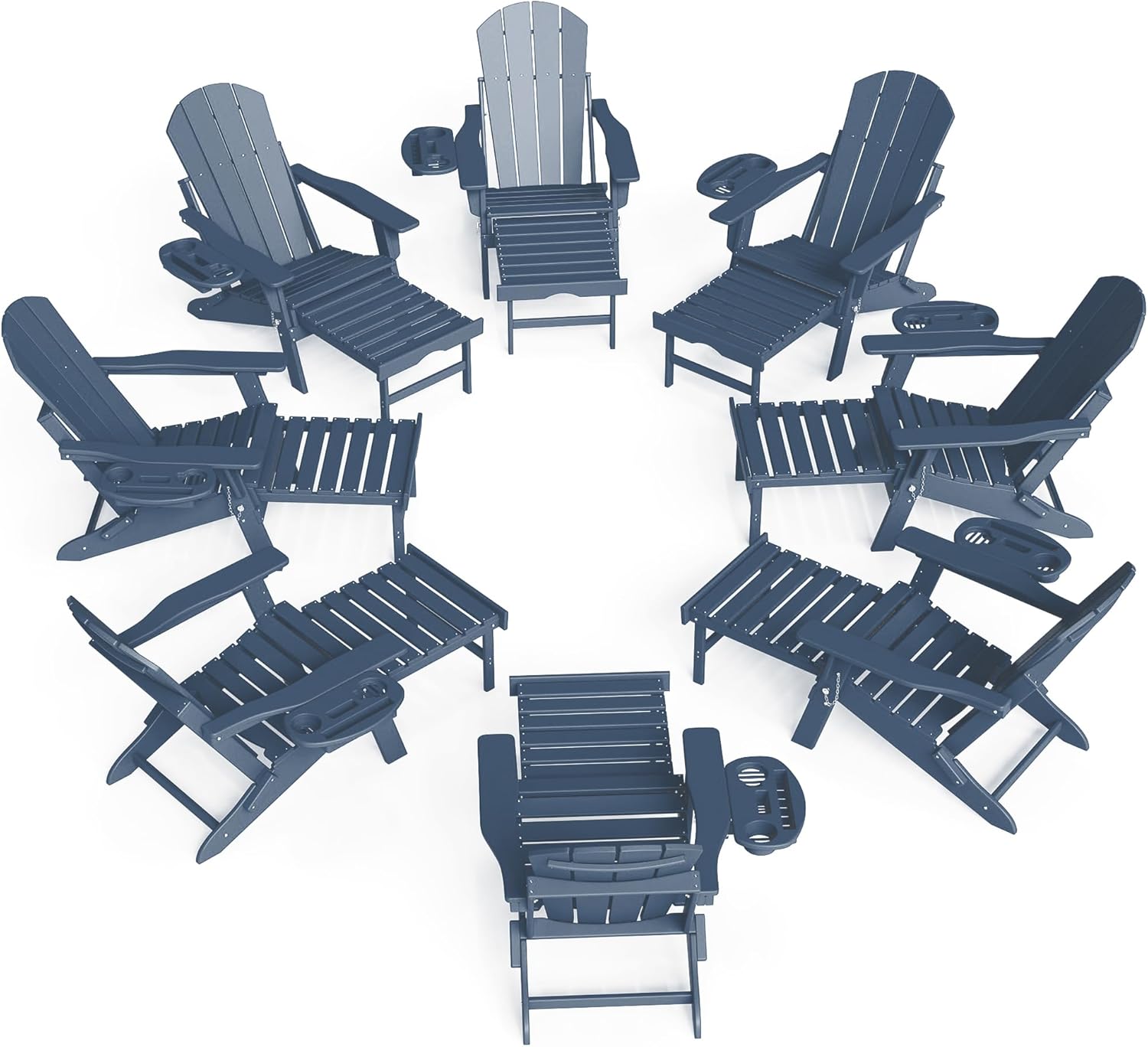 FOOWIN Folding Adjustable Adirondack Chair with Retractable Ottoman Set of 8, HDPE Adirondack Chair w/4 in 1 Cup Holder Trays,All-Weather Resistant Fire Pit Chair for Outdoor Patio Lawn, Navy Blue