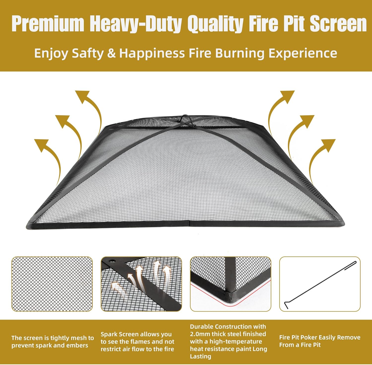 WeCooper 36Inch Heavy Duty Fire Pit Spark Screen Cover, Steel Mesh Square FirePit Screen, Fire Pit Ember Guard with Poker