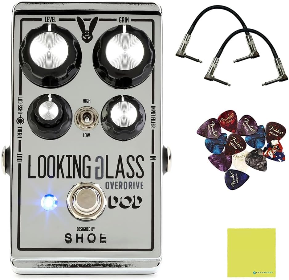 DigiTech Looking Glass Effect Pedal Bundle w/ 2-Pack Strukture S6P48 Woven Right Angle Patch Cable, 12-Pack Guitar Pick and Liquid Audio Polishing Cloth