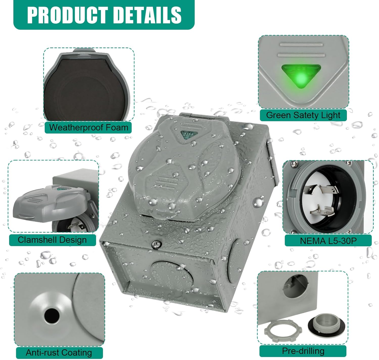 Pre-Drilled Generator Inlet Box, NEMA 3R 30 Amp Outdoor Waterproof Power Inlet Box, NEMA L5-30P 3 Prong, 125 Volt, 3750 Watts, ETL Listed