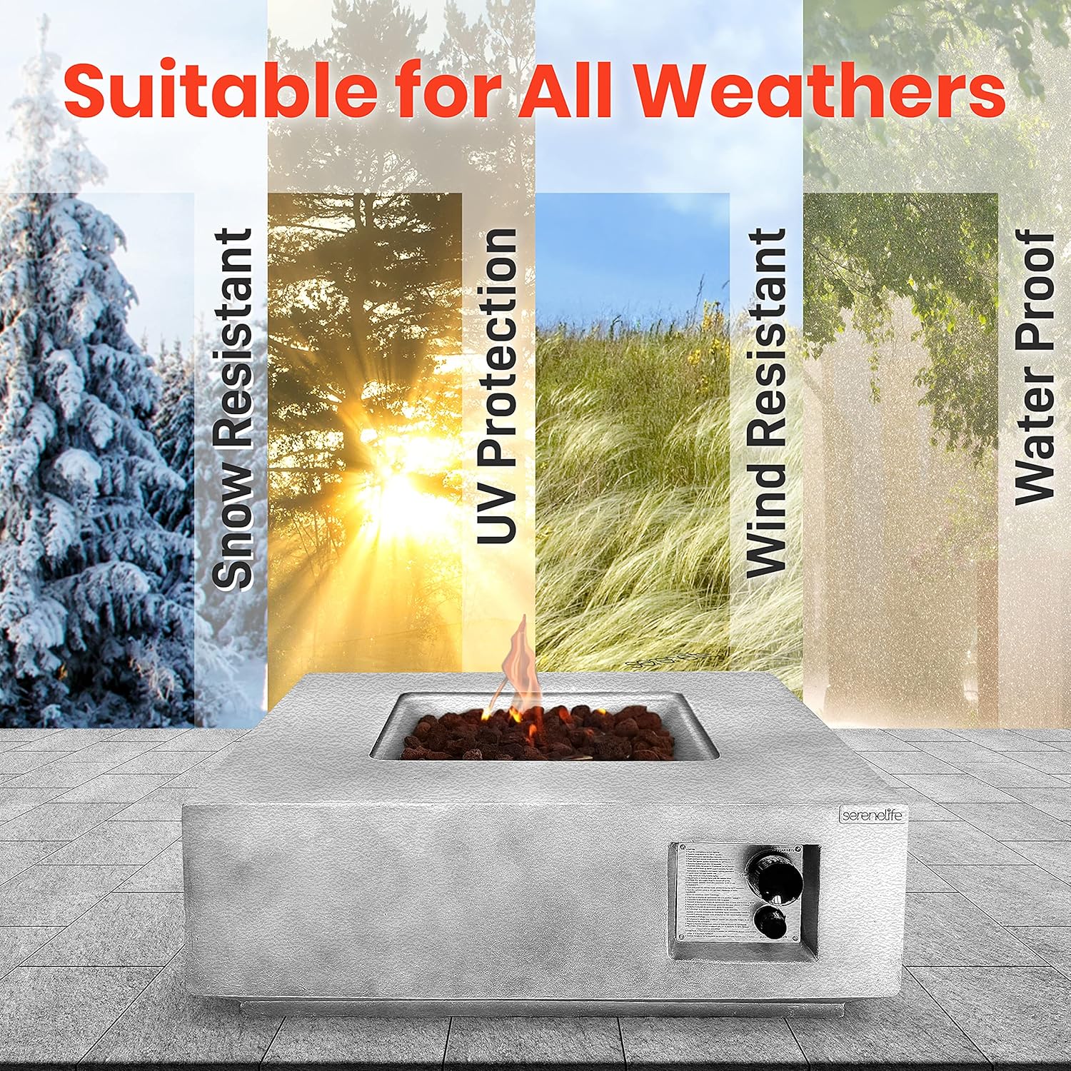 SereneLife Outdoor Propane Fire Pit Table - CSA/ETL Certified Safe 40,000 Pulse Ignition Weatherproof Square Propane Gas Fire Table - Adjustable Flame, Thermocouple - PVC Cover, Lava Rock - SereneLife