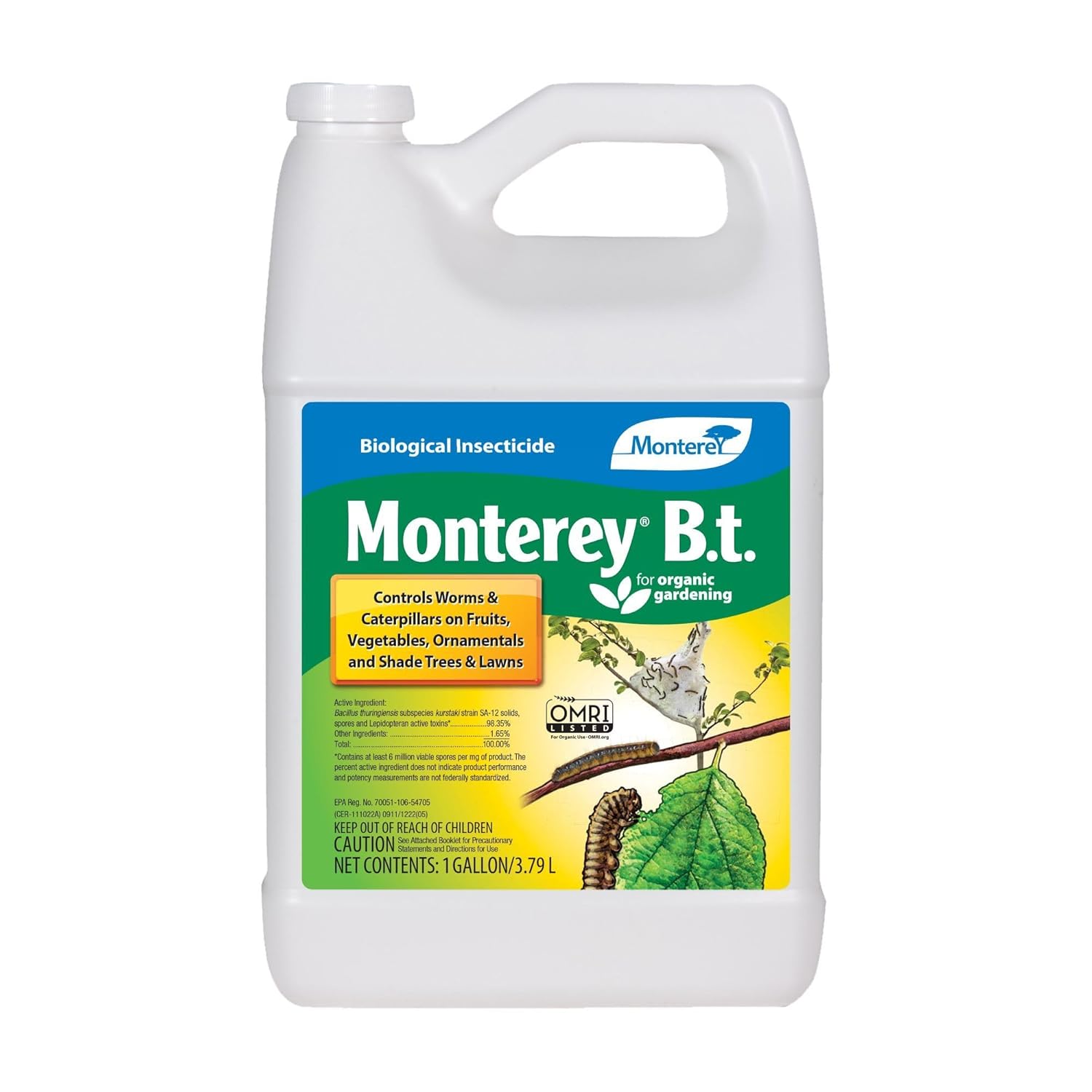 Monterey B.t. - Biological Insecticide for Organic Gardening - 1 Gallon Concentrate - Apply Using a Sprayer Following Mix Instructions