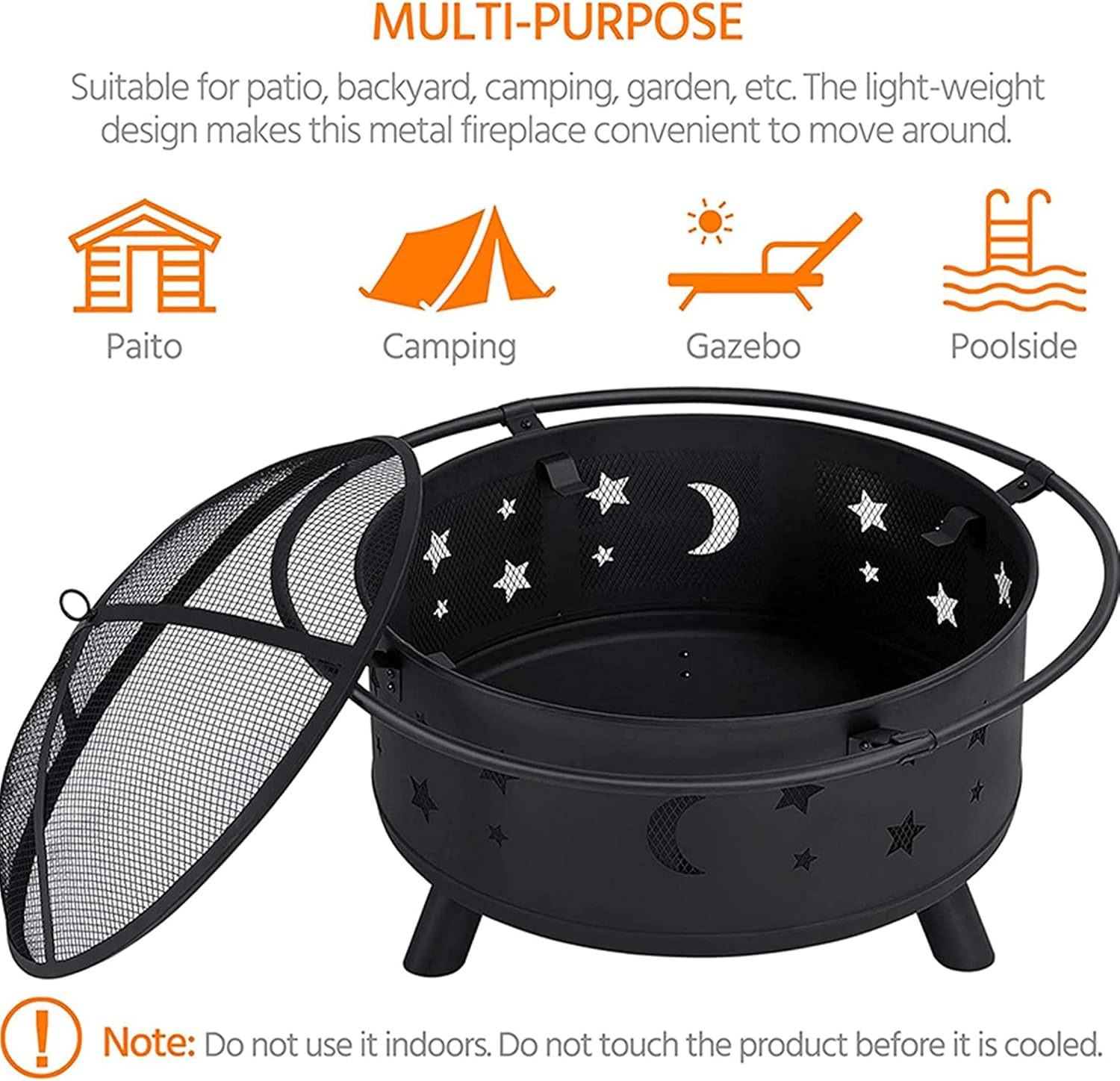 Round Outdoor Fire Pit, Large Wood Burning Fire Pit w/Spark Screen, Wrought Iron Bonfire Fire Pit for Party, BBQ, Heating, Patio, Garden