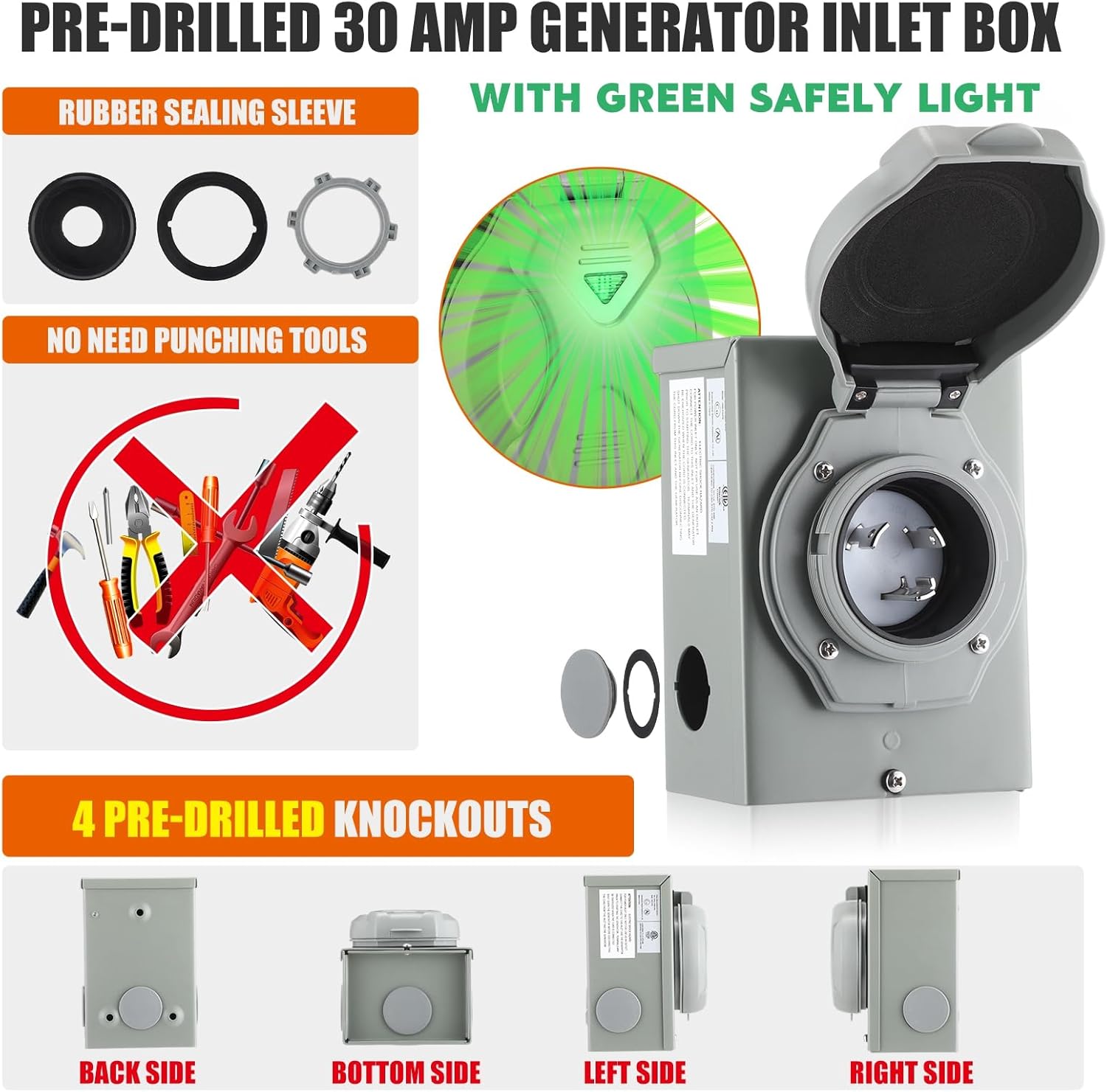 Kanayu 15FT 30 Amp RV Generator Cord and Power Inlet Box Compatible with NEMA TT-30P to L5-30R Lock Generator Extension Cord with LED Indicator Pre-Drilled L5-30P Inlet Box, ETL Listed