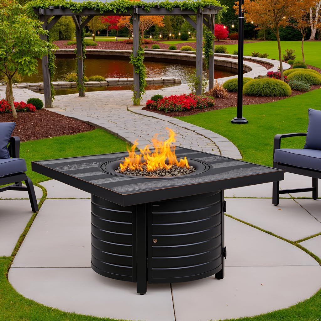Square LPG/NG Gas Fire Pit Table 55K BTU w/Burner Lid, Cover, Fire Glass #65154
