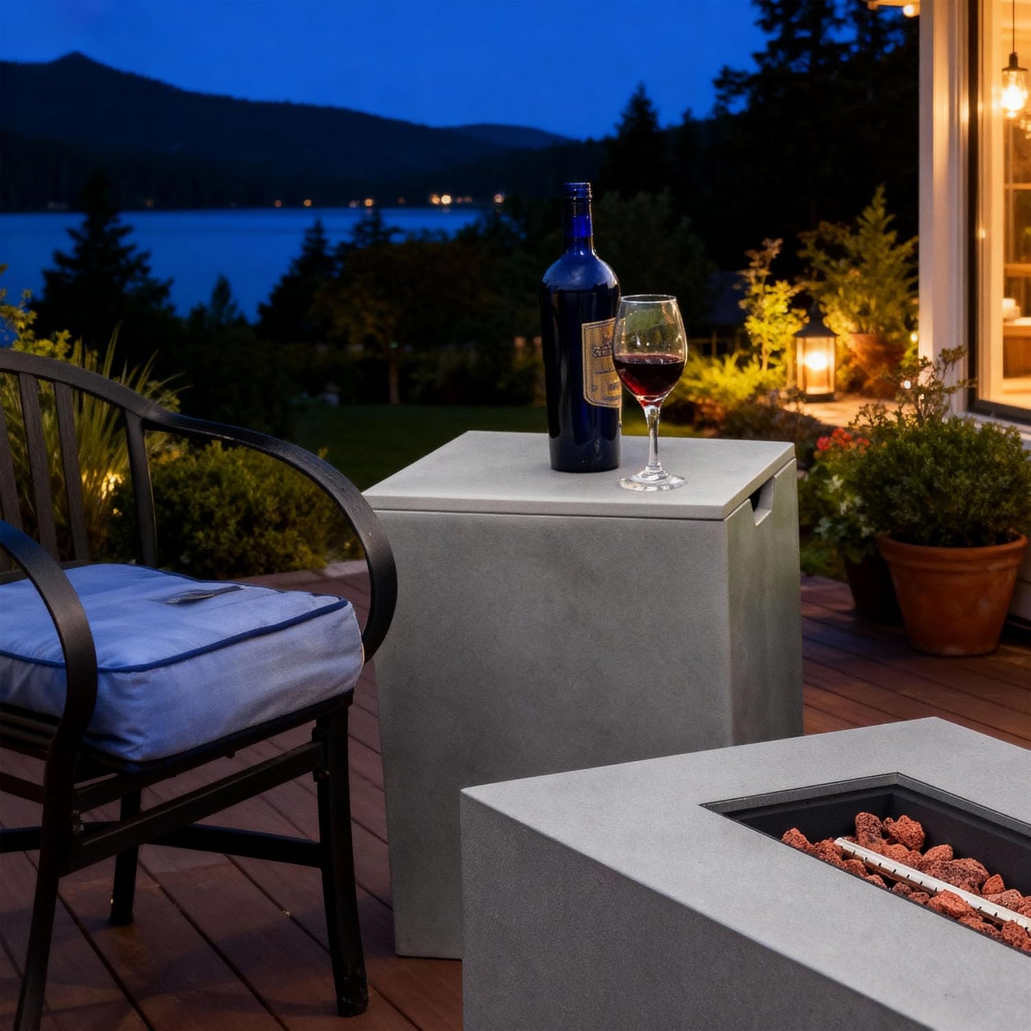 Square Propane Tank Cover with Side Table for Outdoor Fire Pit, 20 lb Gas Cylinder Holder Storage Hideaway Box, Gray Iron Enclosure for Patio Furniture, Garden Use with Gas Fire Pits, Only Table