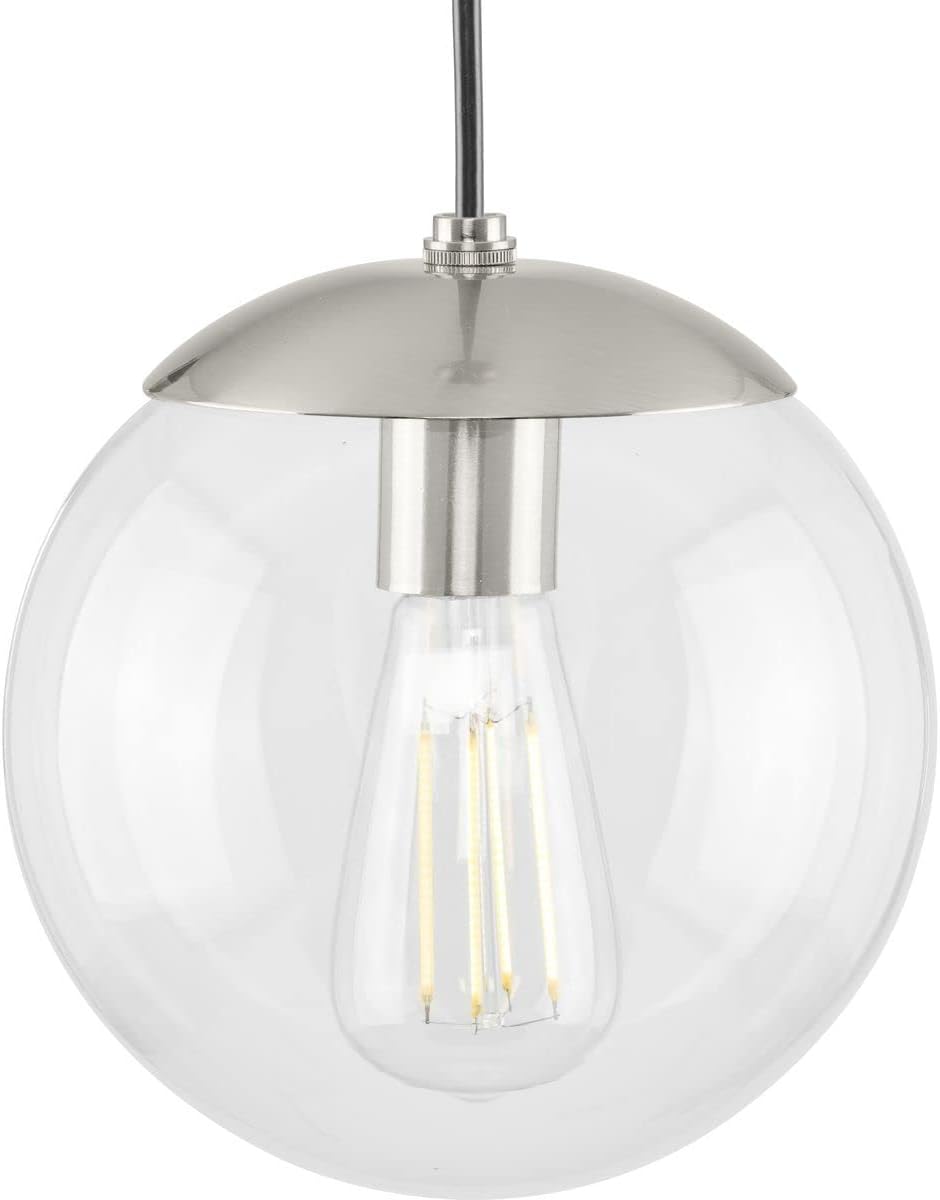 Atwell Collection 1-Light Clear Glass Globe Brushed Nickel Modern Small Pendant Hanging Light, 8.75x8.00x8.00