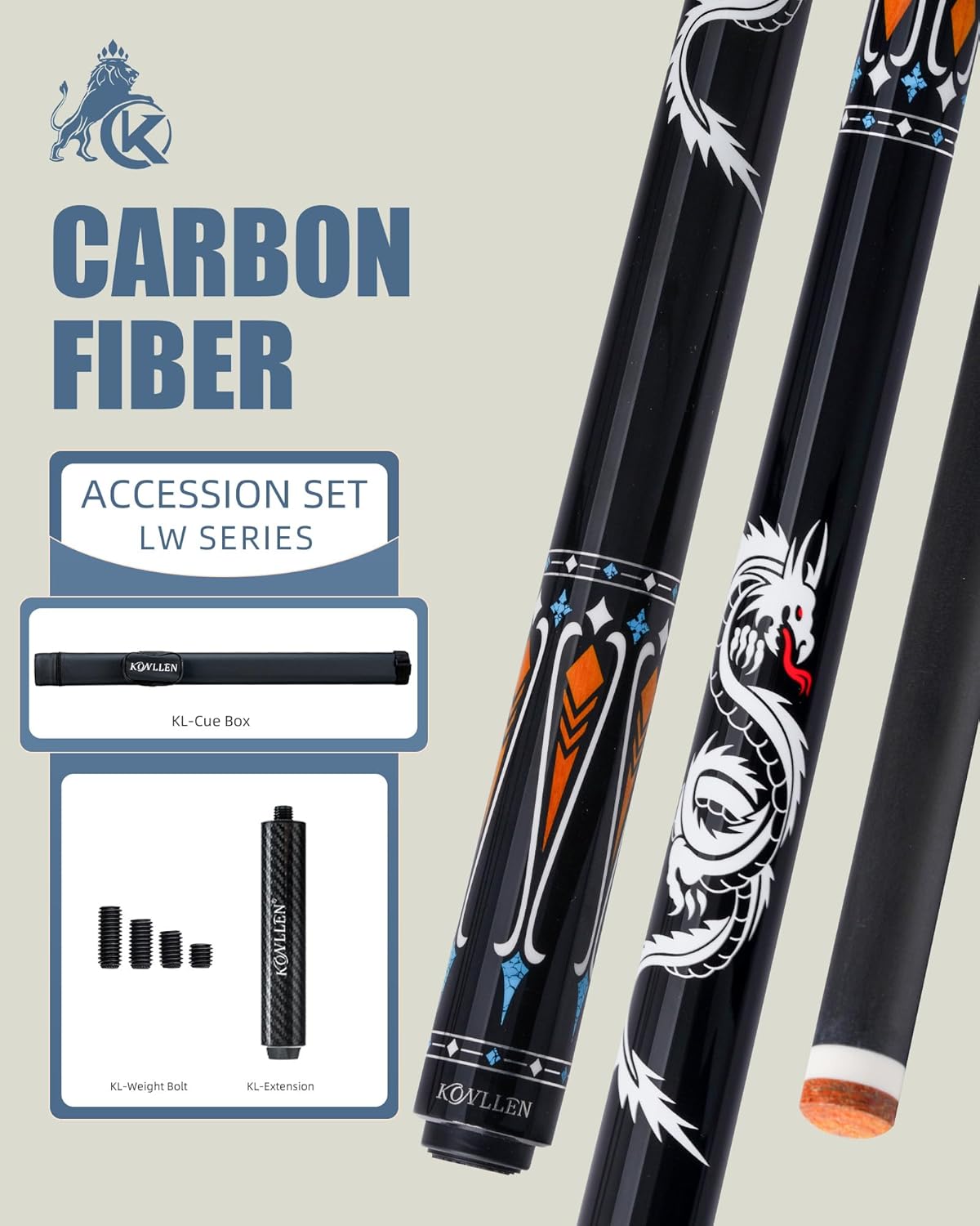 KONLLEN Carbon Fiber Pool Cue Stick 58-inch Professional Pool Sticks for Adults Full Carbon Technology Low Deflection Pool Cue Billiard Cues with 12.5mm Tip (Easy to Control, Pro Taper, Ultra-Smooth)