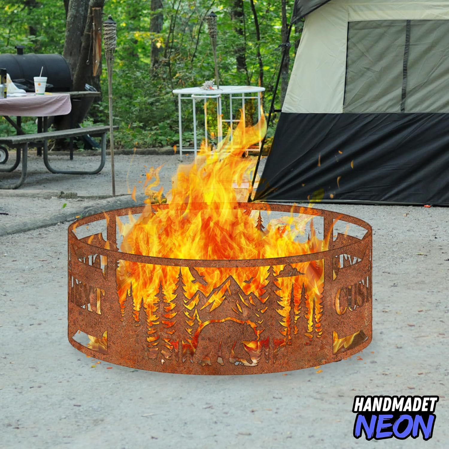 Personalized Rusty Forest Bear Fire Pit Ring 360 Degree, Custom Outdoor Rusted Campfire Round Firepit, Pits Gifts for Wood Burning, Fireplace, Camping Essentials, Raised Garden Bed