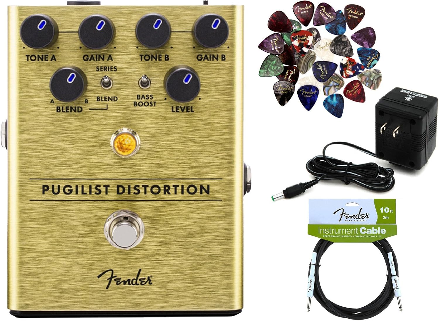 Fender Pugilist Distortion Pedal Bundle with Power Supply, Fender Instrument Cable, and 24 Picks